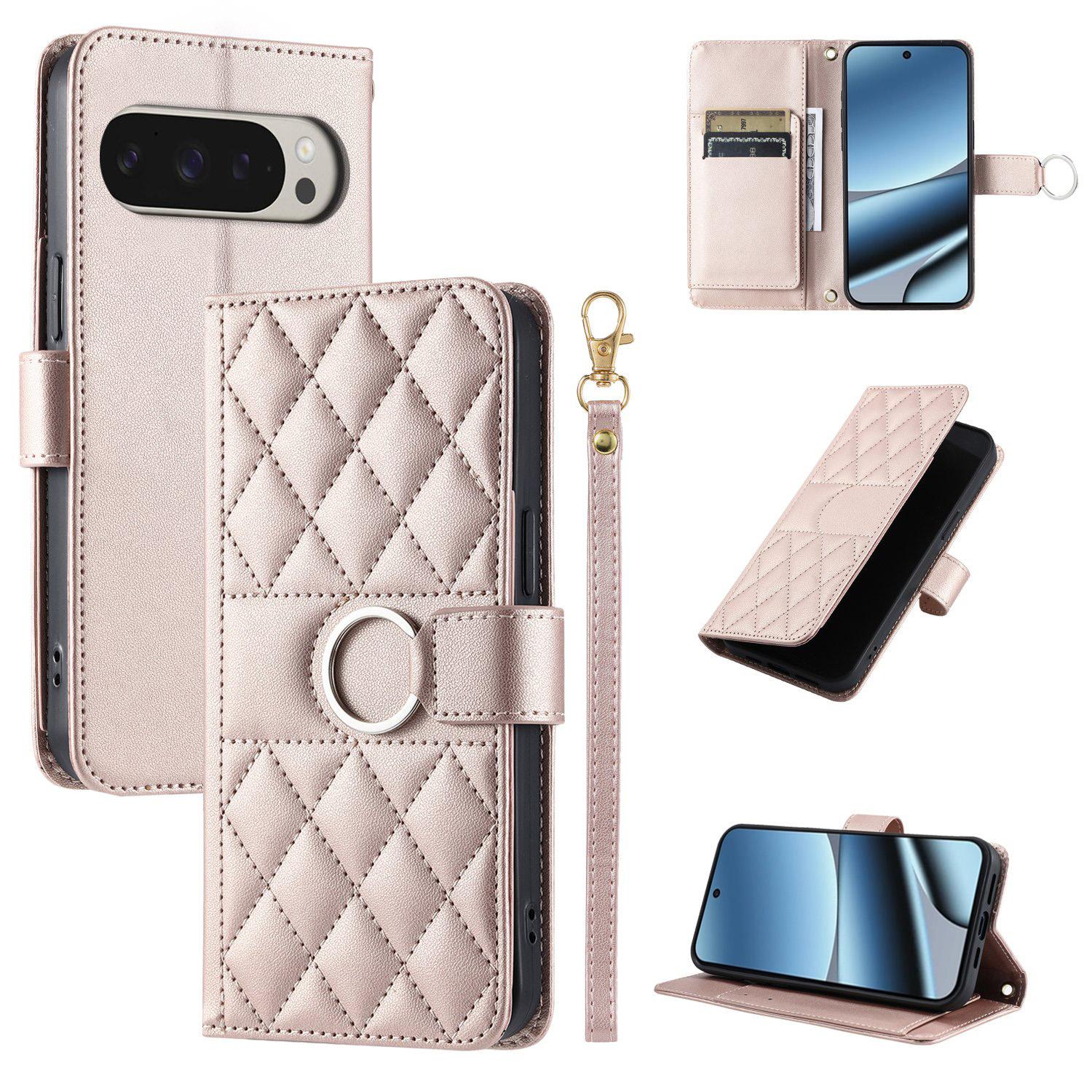 For Google Pixel 10 Pro XL Ring Buckle Rhombic Leather Phone Case(Rose Gold) - Shopkiz.com