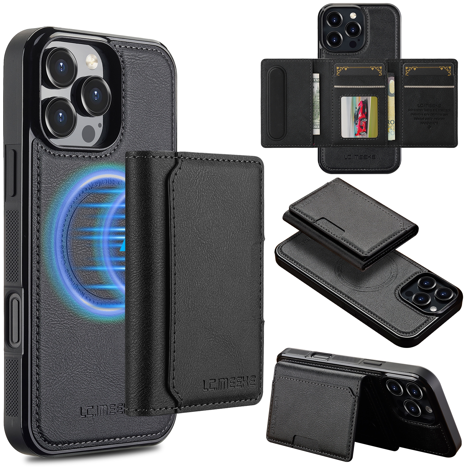 For iPhone 16 Pro Max LC.IMEEKE L5 Series Detachable RFID Card Bag Magsafe Phone Case(Black) - Shopkiz.com