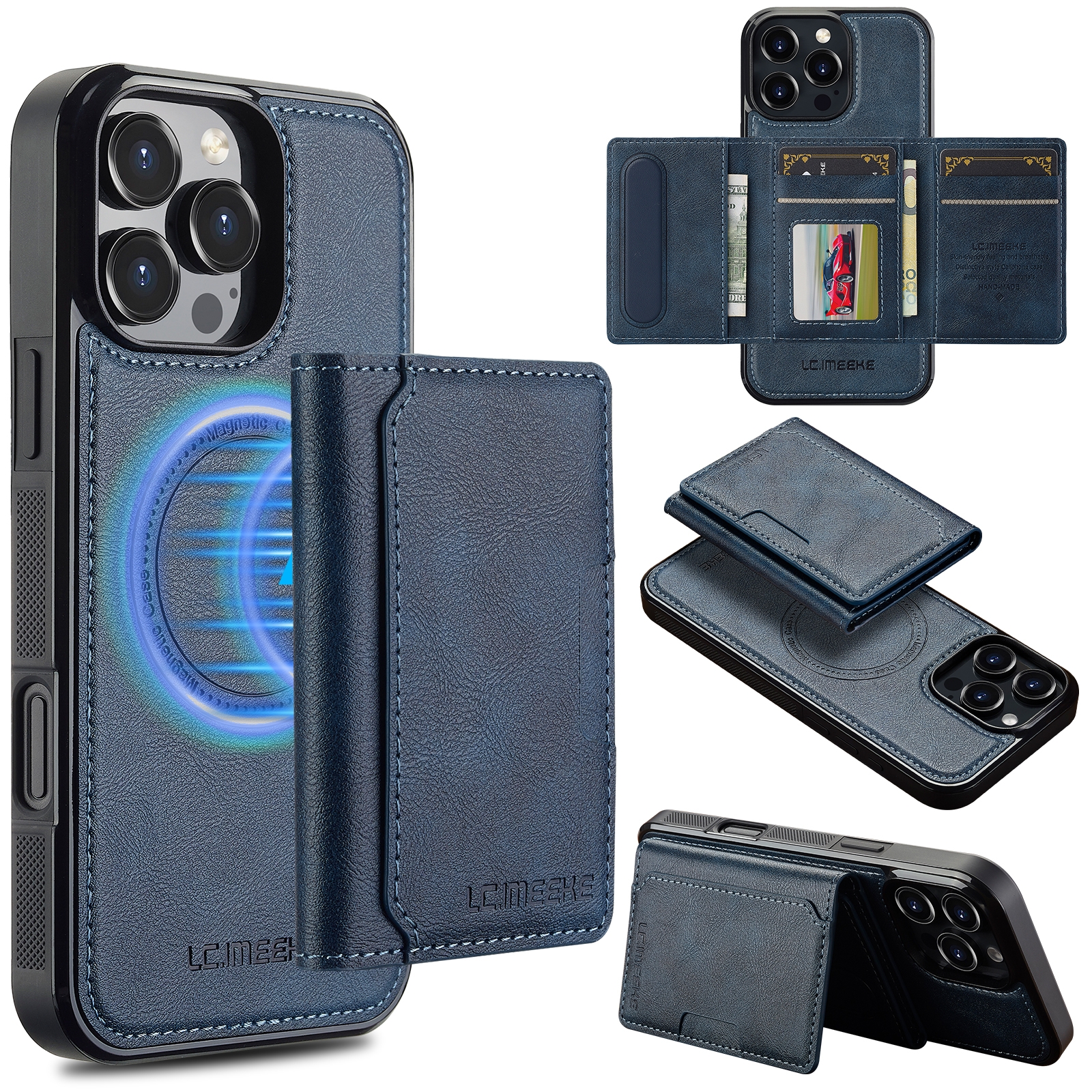 For iPhone 16 Pro Max LC.IMEEKE L5 Series Detachable RFID Card Bag Magsafe Phone Case(Blue) - Shopkiz.com