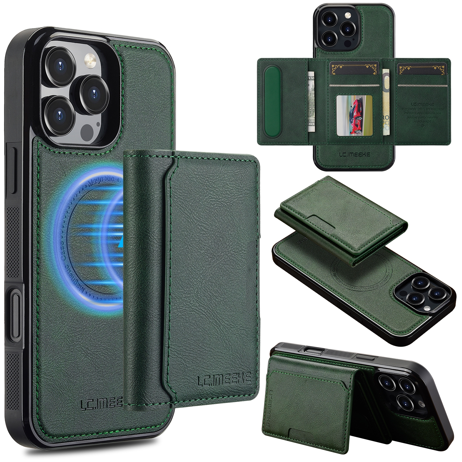 For iPhone 16 Pro Max LC.IMEEKE L5 Series Detachable RFID Card Bag Magsafe Phone Case(Green) - Shopkiz.com