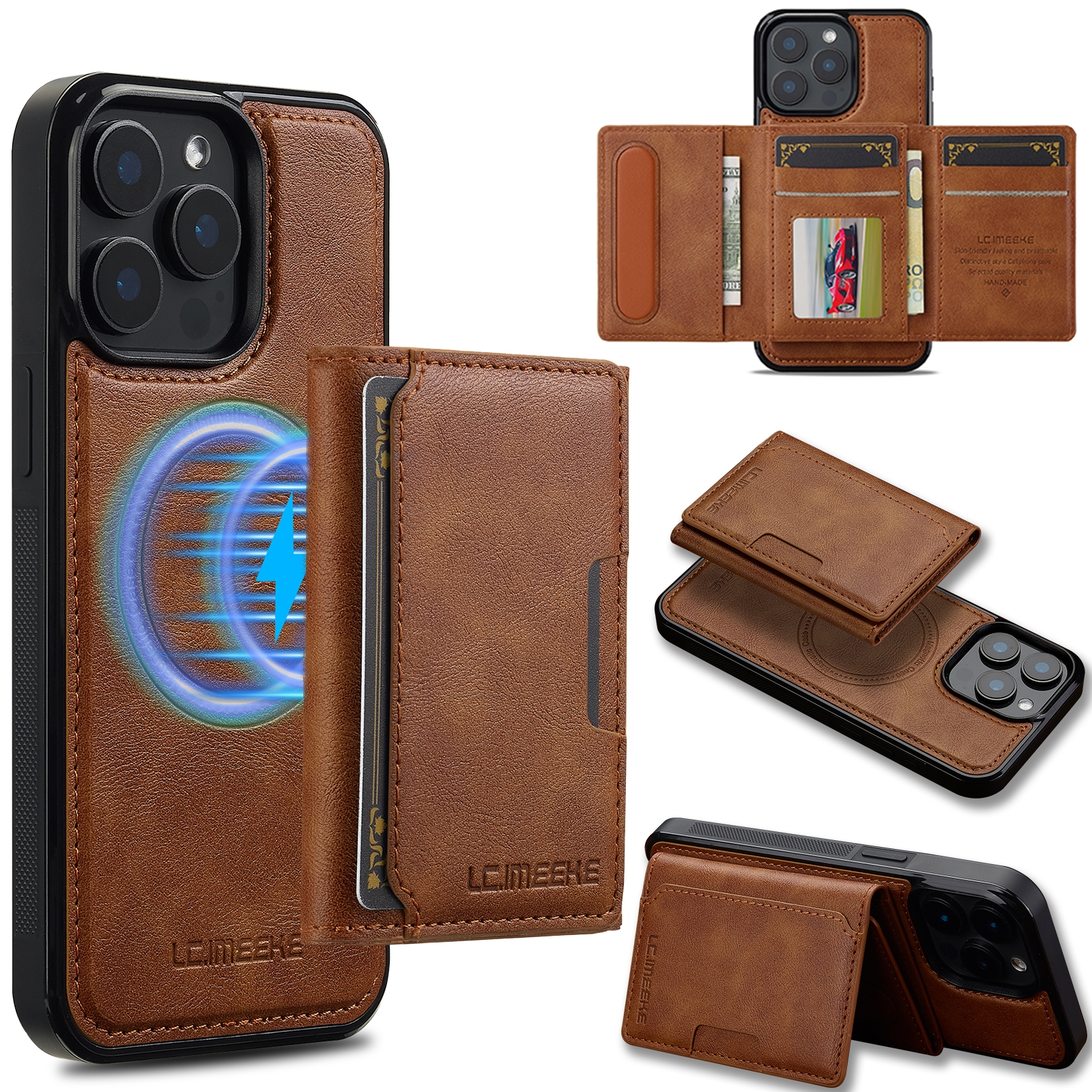 For iPhone 16 Pro LC.IMEEKE L5 Series Detachable RFID Card Bag Magsafe Phone Case(Brown) - Shopkiz.com