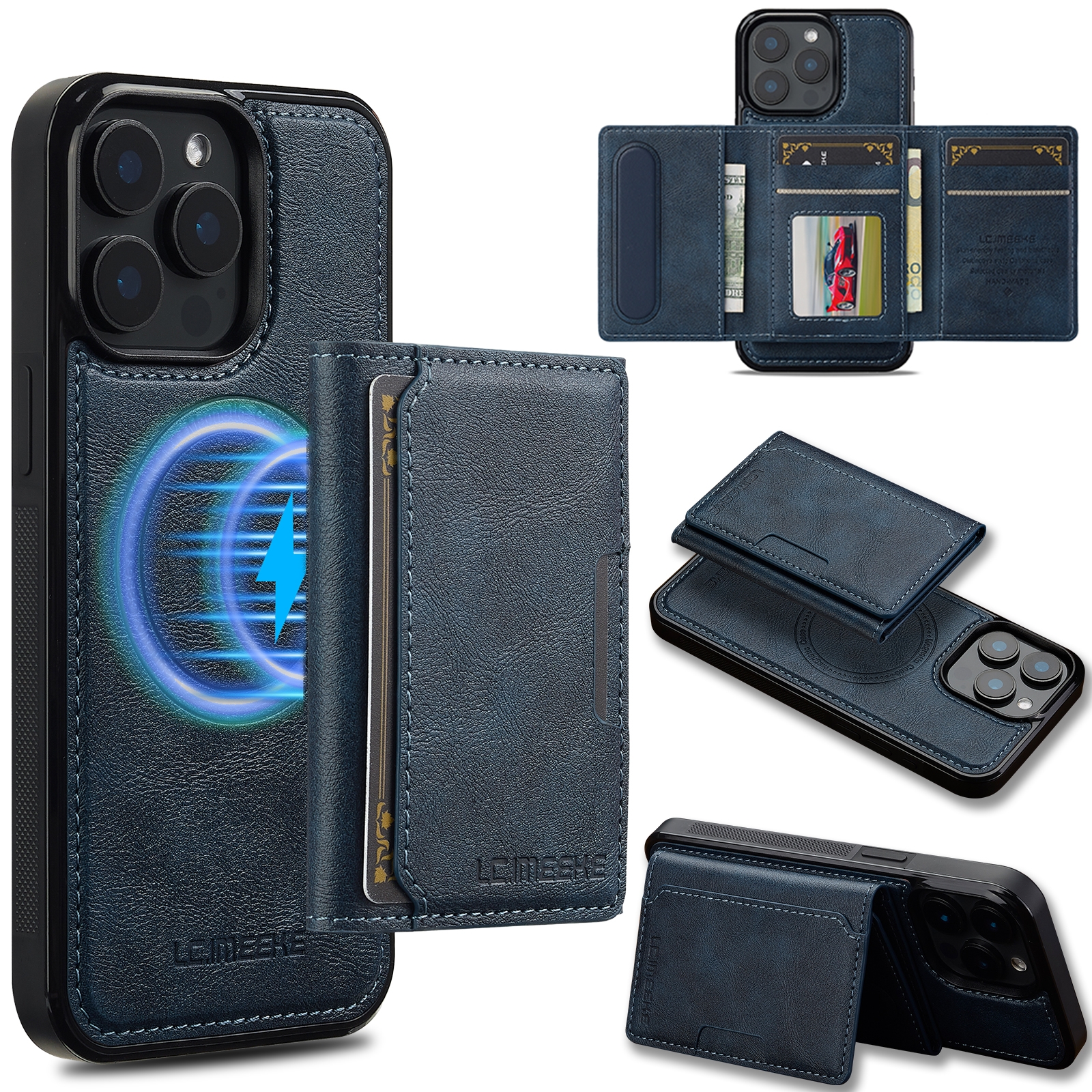 For iPhone 16 Pro LC.IMEEKE L5 Series Detachable RFID Card Bag Magsafe Phone Case(Blue) - Shopkiz.com