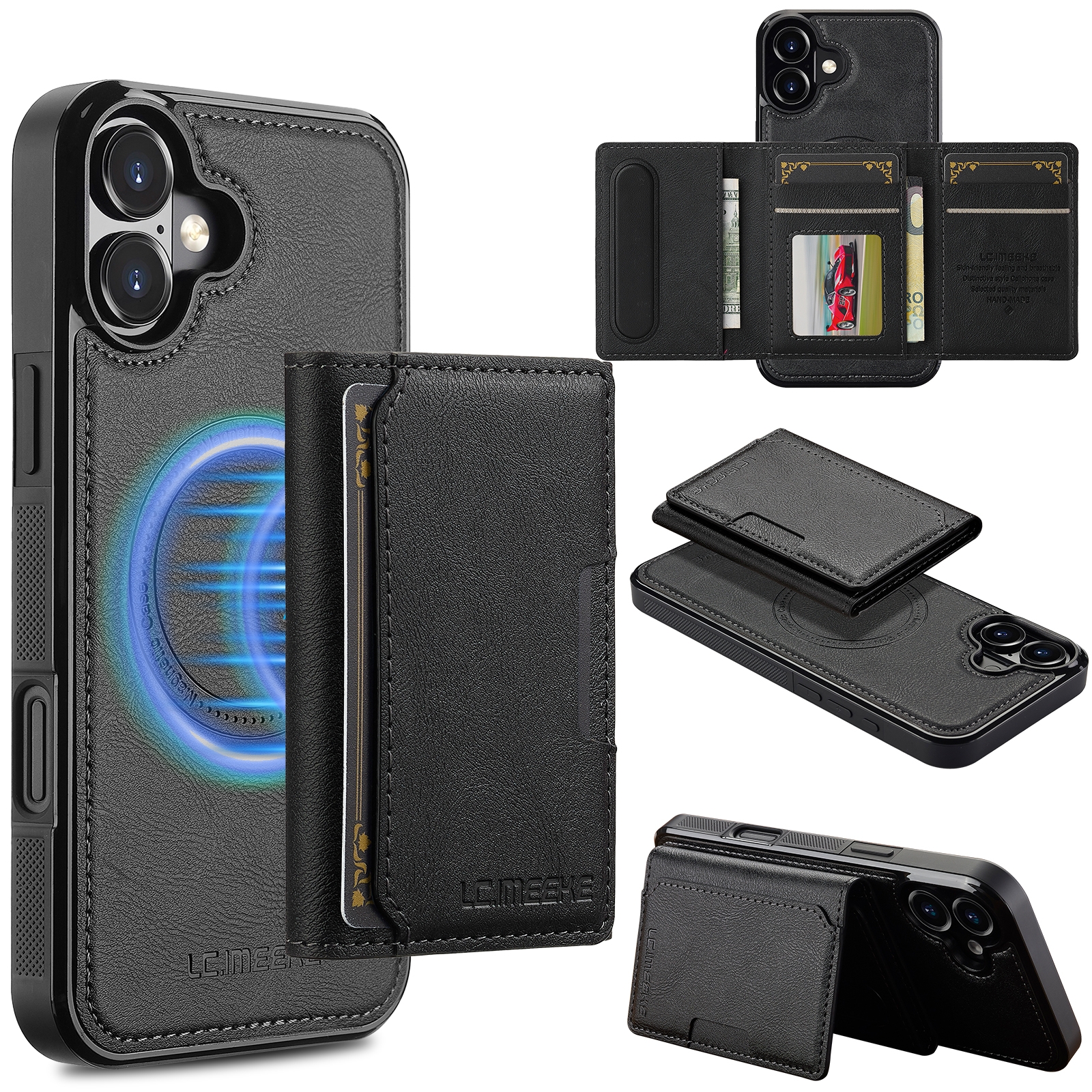 For iPhone 16 Plus LC.IMEEKE L5 Series Detachable RFID Card Bag Magsafe Phone Case(Black) - Shopkiz.com