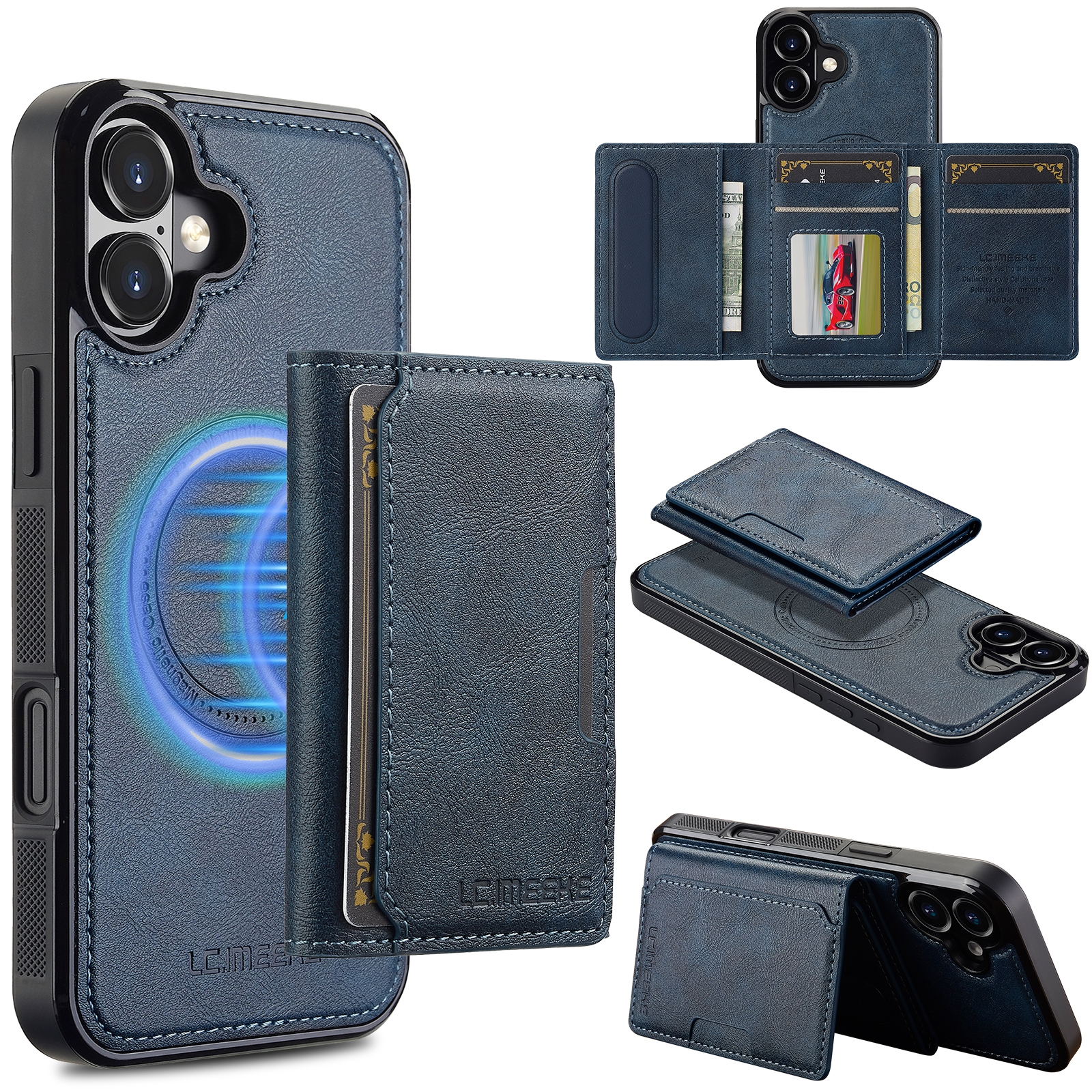 For iPhone 16 Plus LC.IMEEKE L5 Series Detachable RFID Card Bag Magsafe Phone Case(Blue) - Shopkiz.com