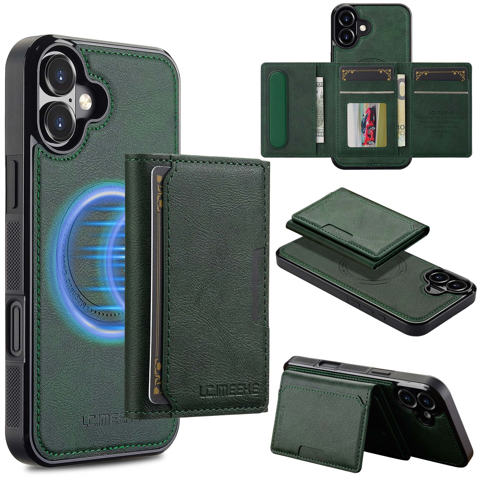 For iPhone 16 Plus LC.IMEEKE L5 Series Detachable RFID Card Bag Magsafe Phone Case(Green) - Shopkiz.com