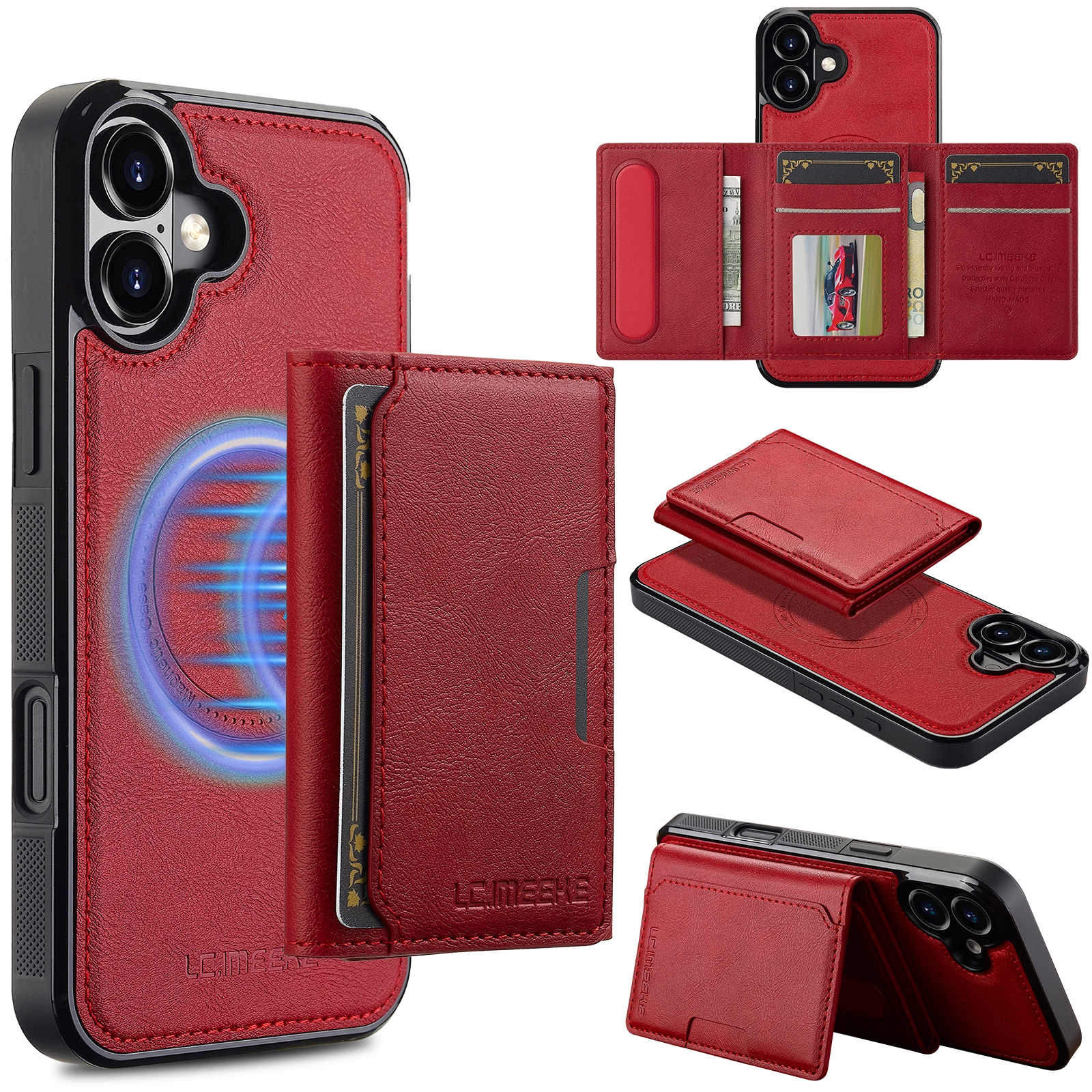 For iPhone 16 Plus LC.IMEEKE L5 Series Detachable RFID Card Bag Magsafe Phone Case(Red) - Shopkiz.com