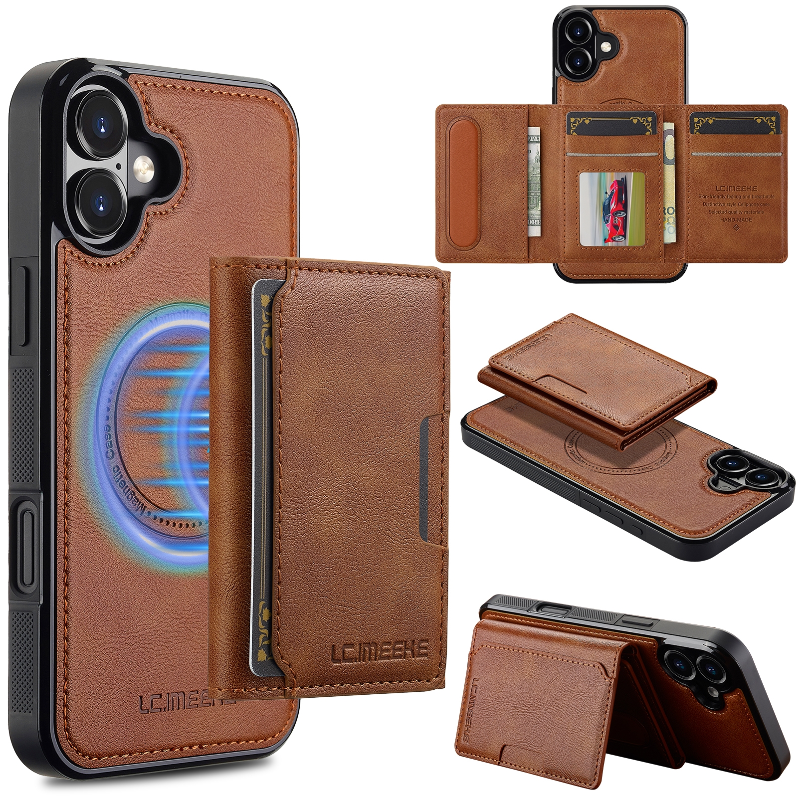 For iPhone 16 LC.IMEEKE L5 Series Detachable RFID Card Bag Magsafe Phone Case(Brown) - Shopkiz.com