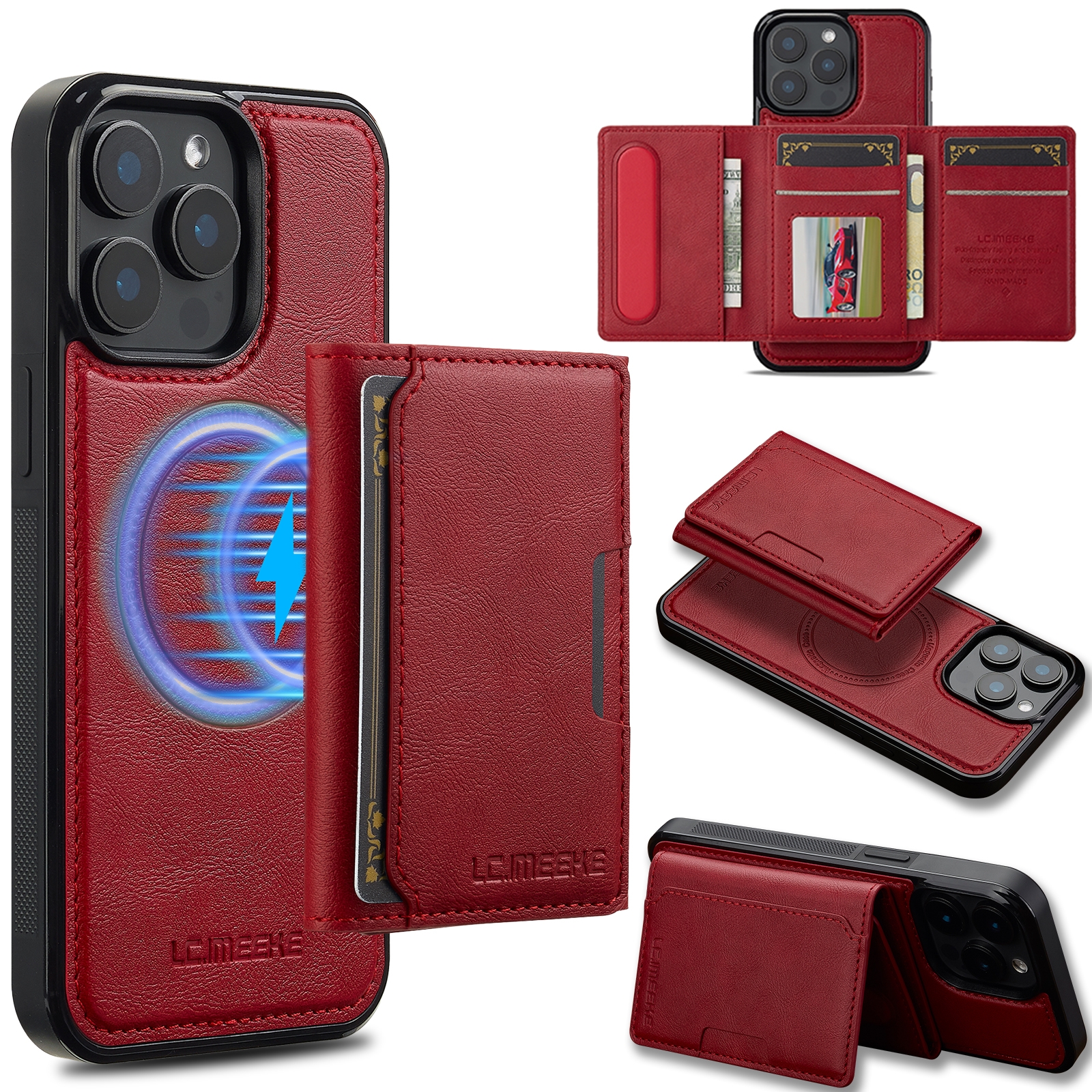 For iPhone 15 Pro Max LC.IMEEKE L5 Series Detachable RFID Card Bag Magsafe Phone Case(Red) - Shopkiz.com