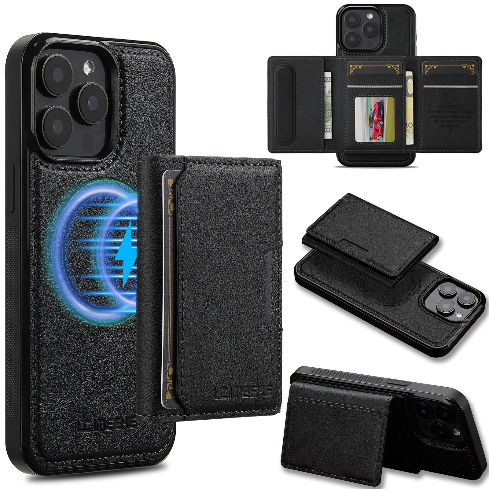 For iPhone 14 Pro Max LC.IMEEKE L5 Series Detachable RFID Card Bag Magsafe Phone Case(Black) - Shopkiz.com