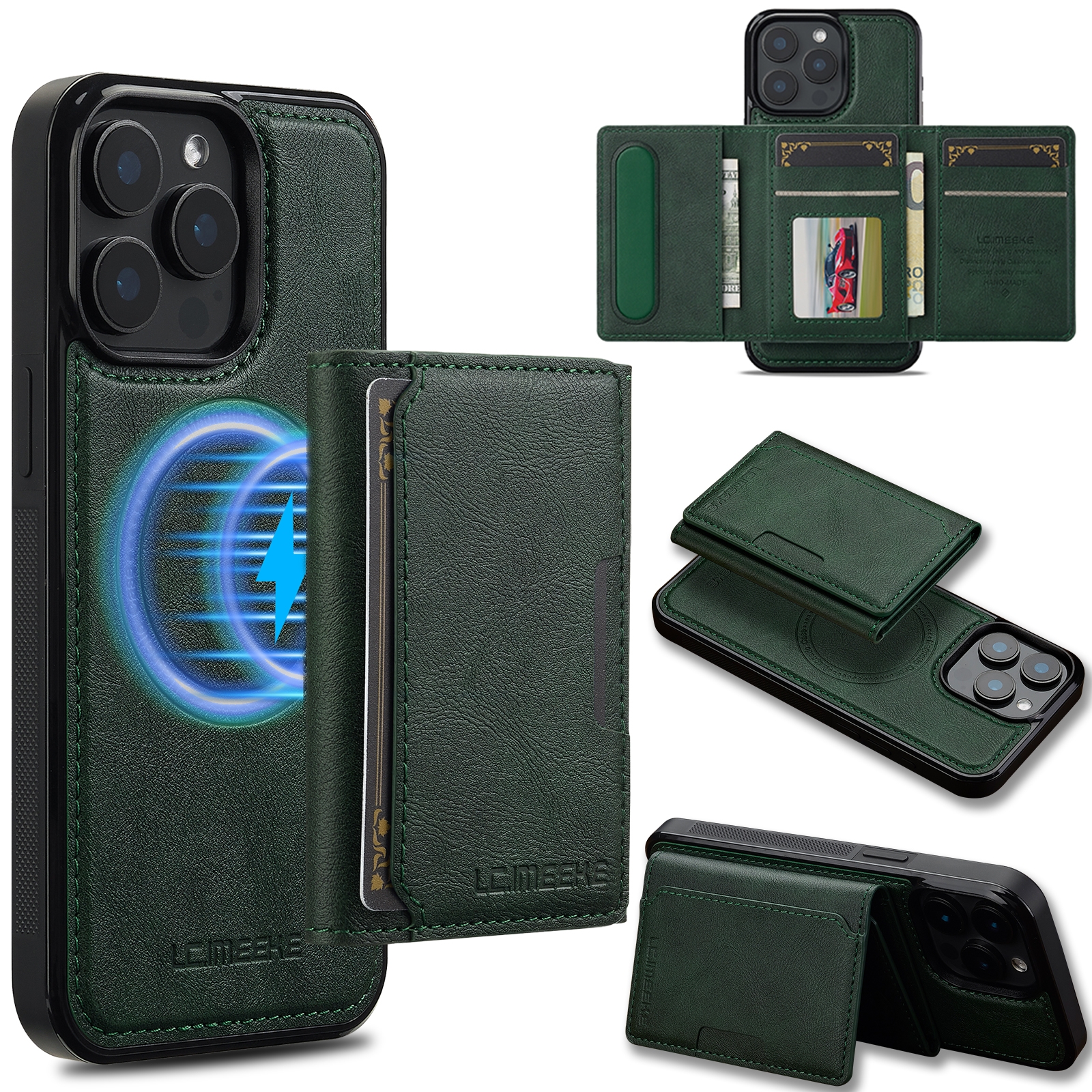 For iPhone 14 Pro Max LC.IMEEKE L5 Series Detachable RFID Card Bag Magsafe Phone Case(Green) - Shopkiz.com