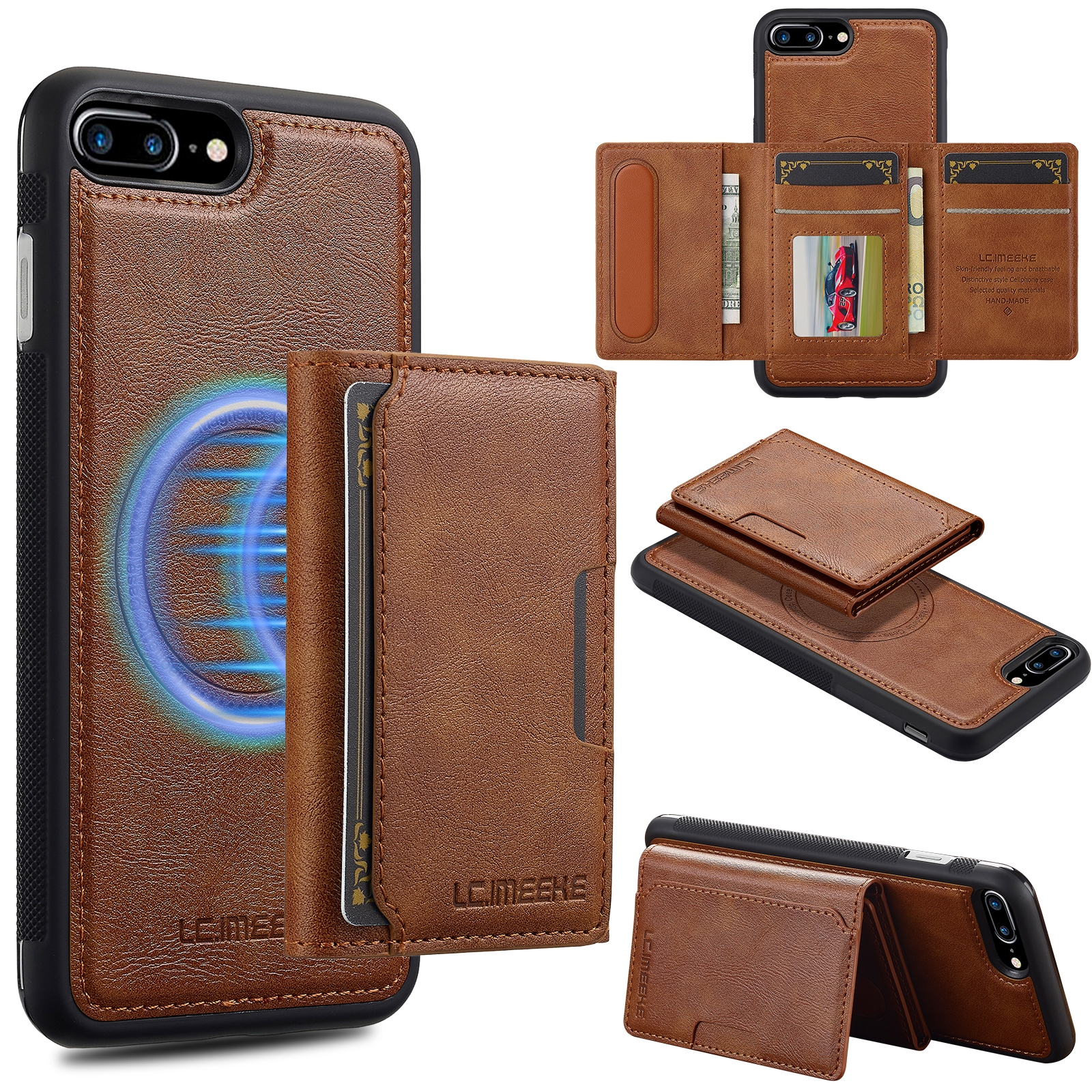 For iPhone 8 Plus / 7 Plus LC.IMEEKE L5 Series Detachable RFID Card Bag Magsafe Phone Case(Brown) - Shopkiz.com