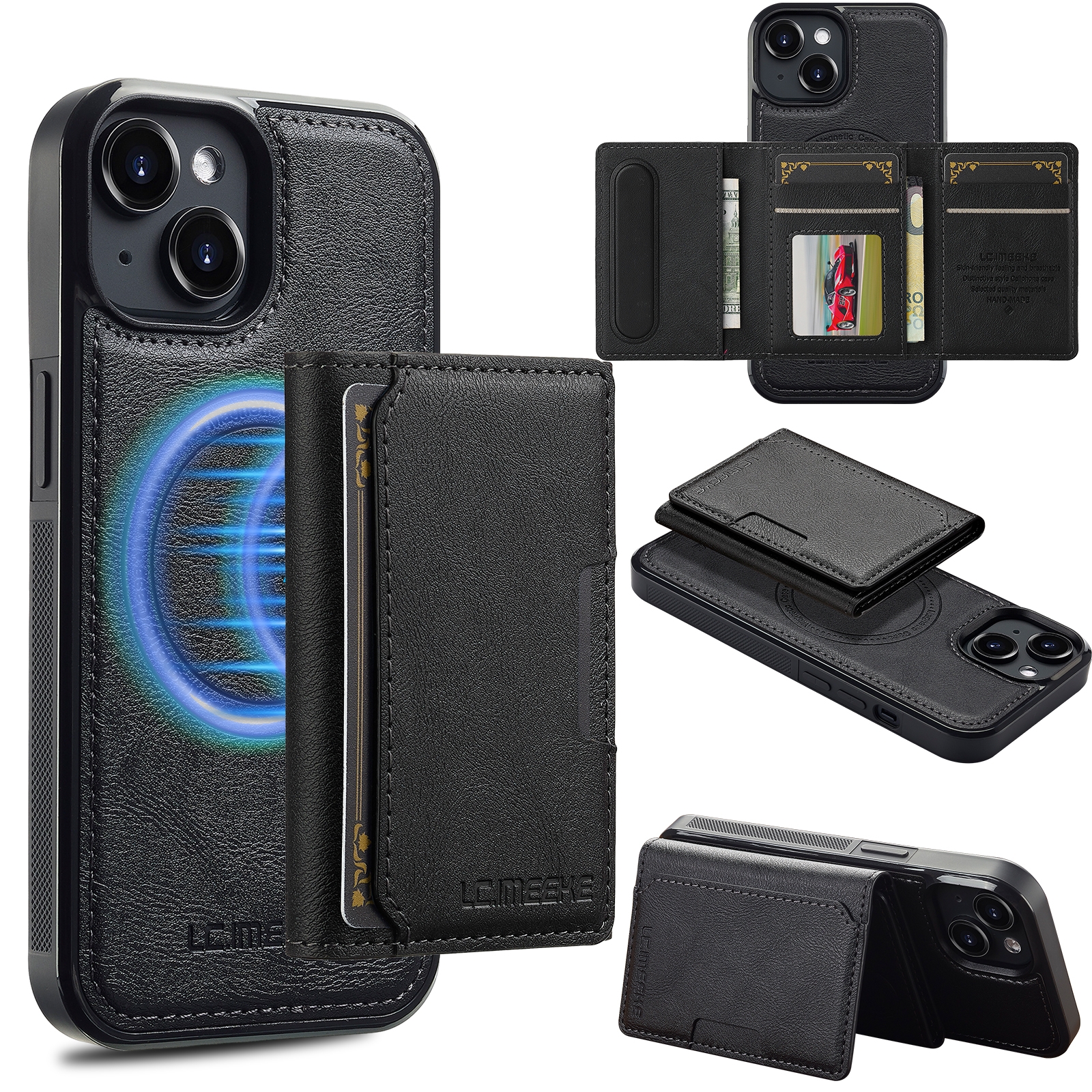 For iPhone 15 LC.IMEEKE L5 Series Detachable RFID Card Bag Magsafe Phone Case(Black) - Shopkiz.com