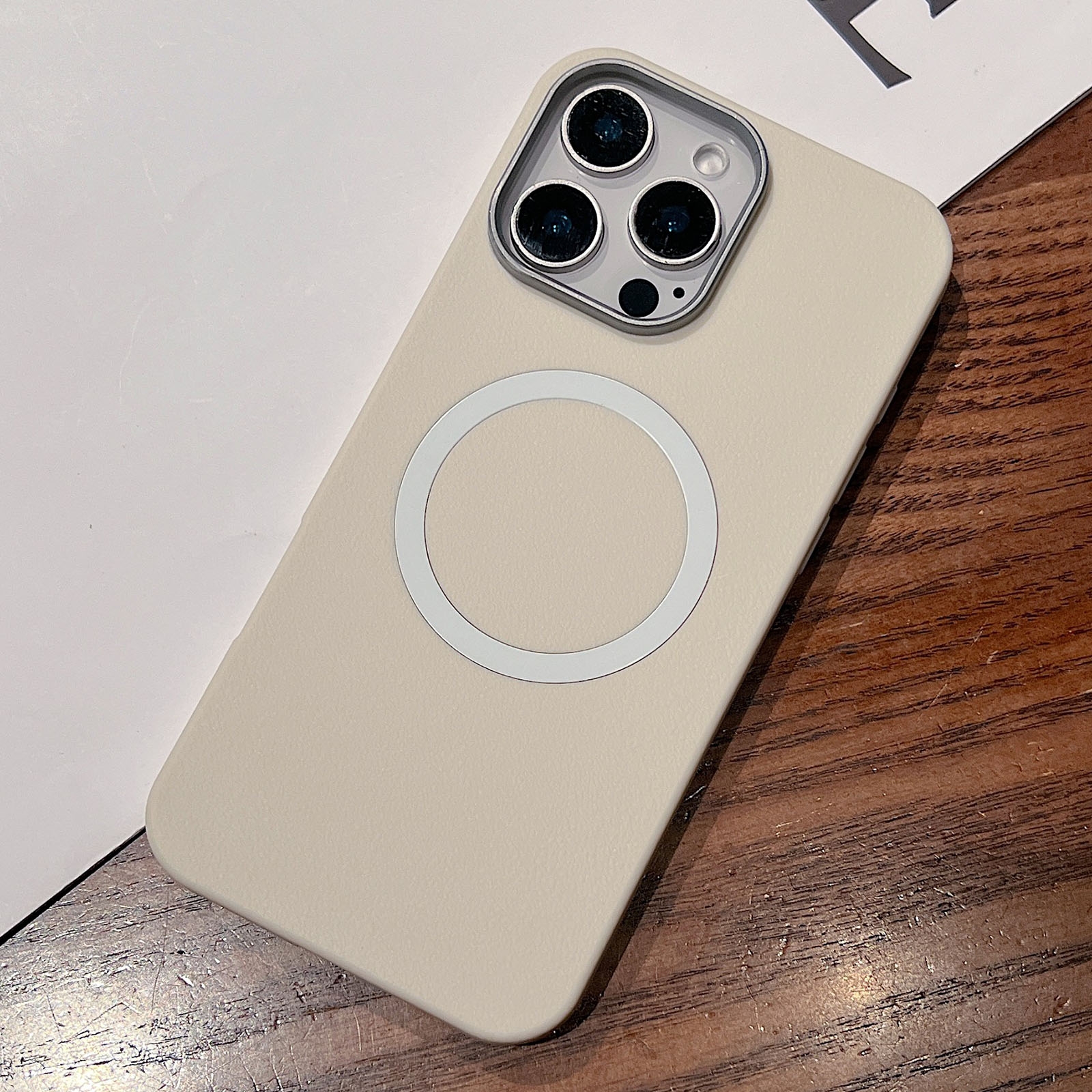 For iPhone 15 Pro Max Leather Texture Design MagSafe Full Coverage Phone Case(White) - Shopkiz.com