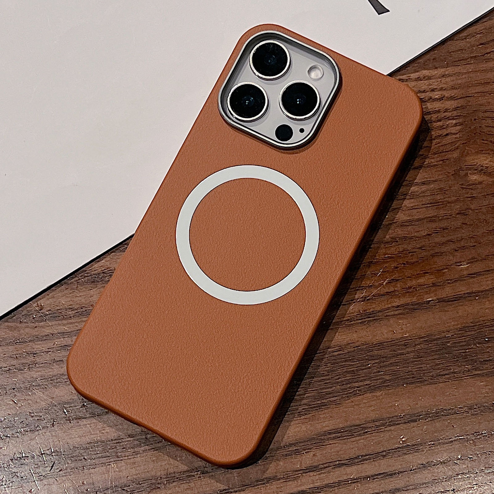 For iPhone 16 Pro Max Leather Texture Design MagSafe Full Coverage Phone Case(Brown) - Shopkiz.com