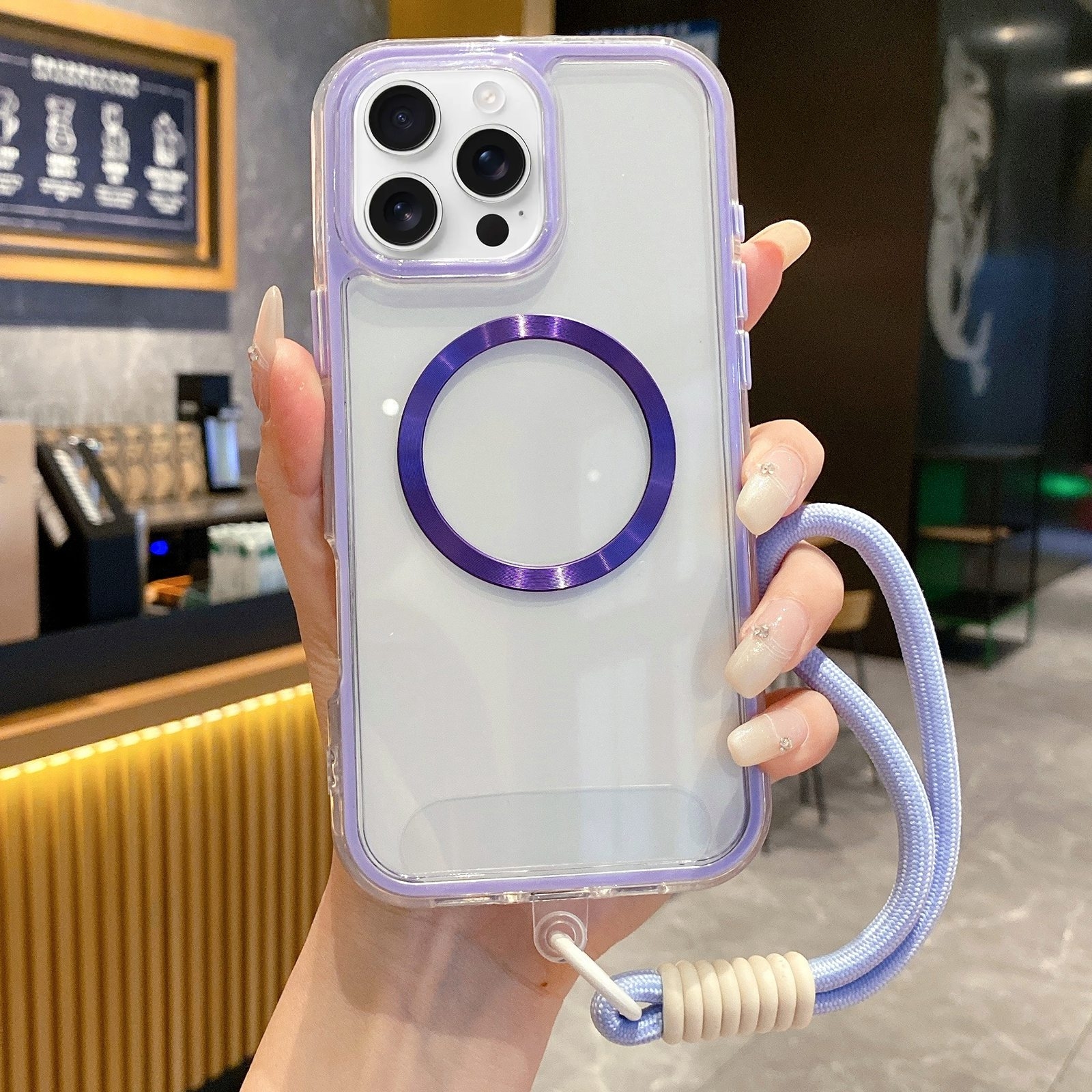 For iPhone 16 Pro Max Airbag 3 in 1 CD Texture MagSafe Phone Case with Strap(Taro Purple) - Shopkiz.com