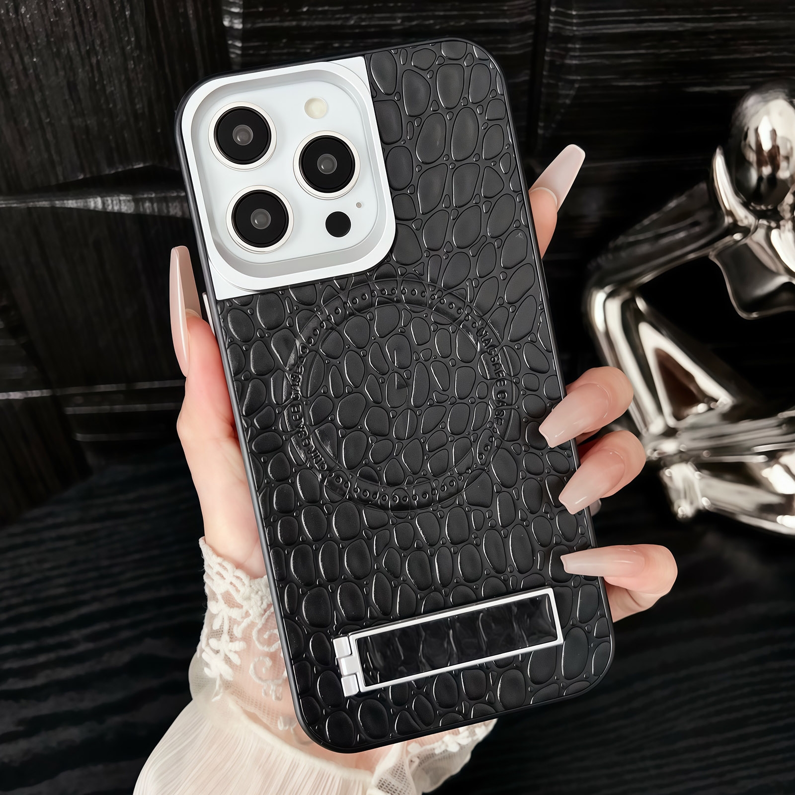 For iPhone 14 Pro Pebble Pattern PU MagSafe Phone Case with Holder(Black) - Shopkiz.com