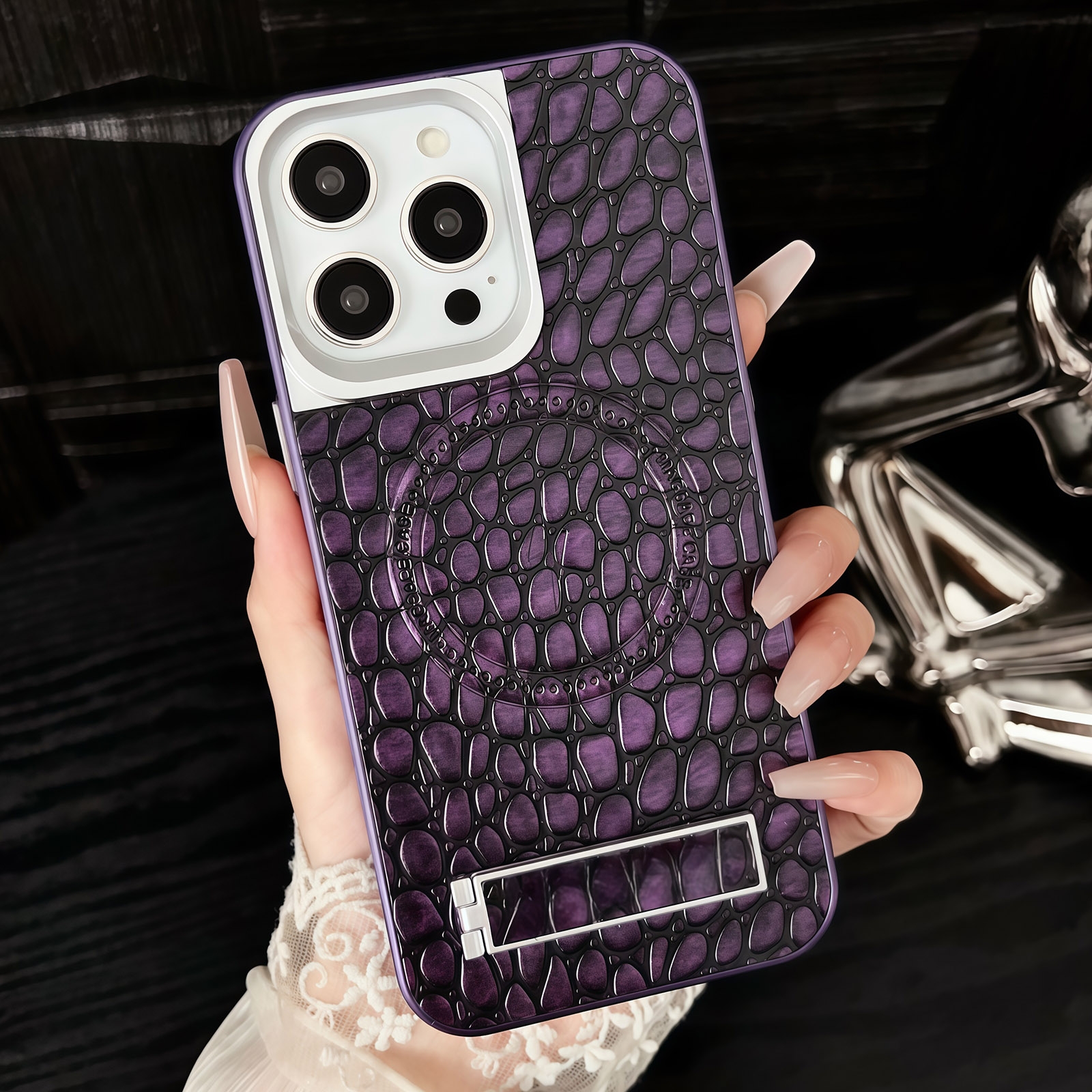 For iPhone 14 Pro Pebble Pattern PU MagSafe Phone Case with Holder(Purple) - Shopkiz.com