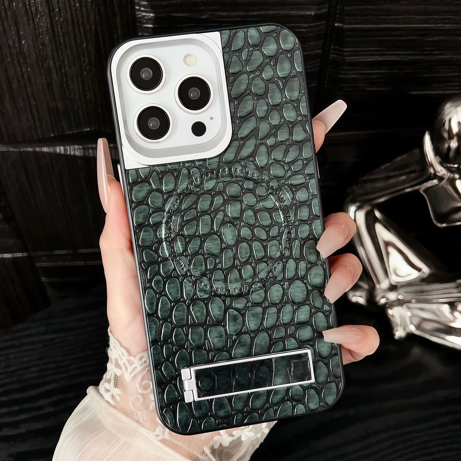 For iPhone 14 Pro Pebble Pattern PU MagSafe Phone Case with Holder(Dark Green) - Shopkiz.com