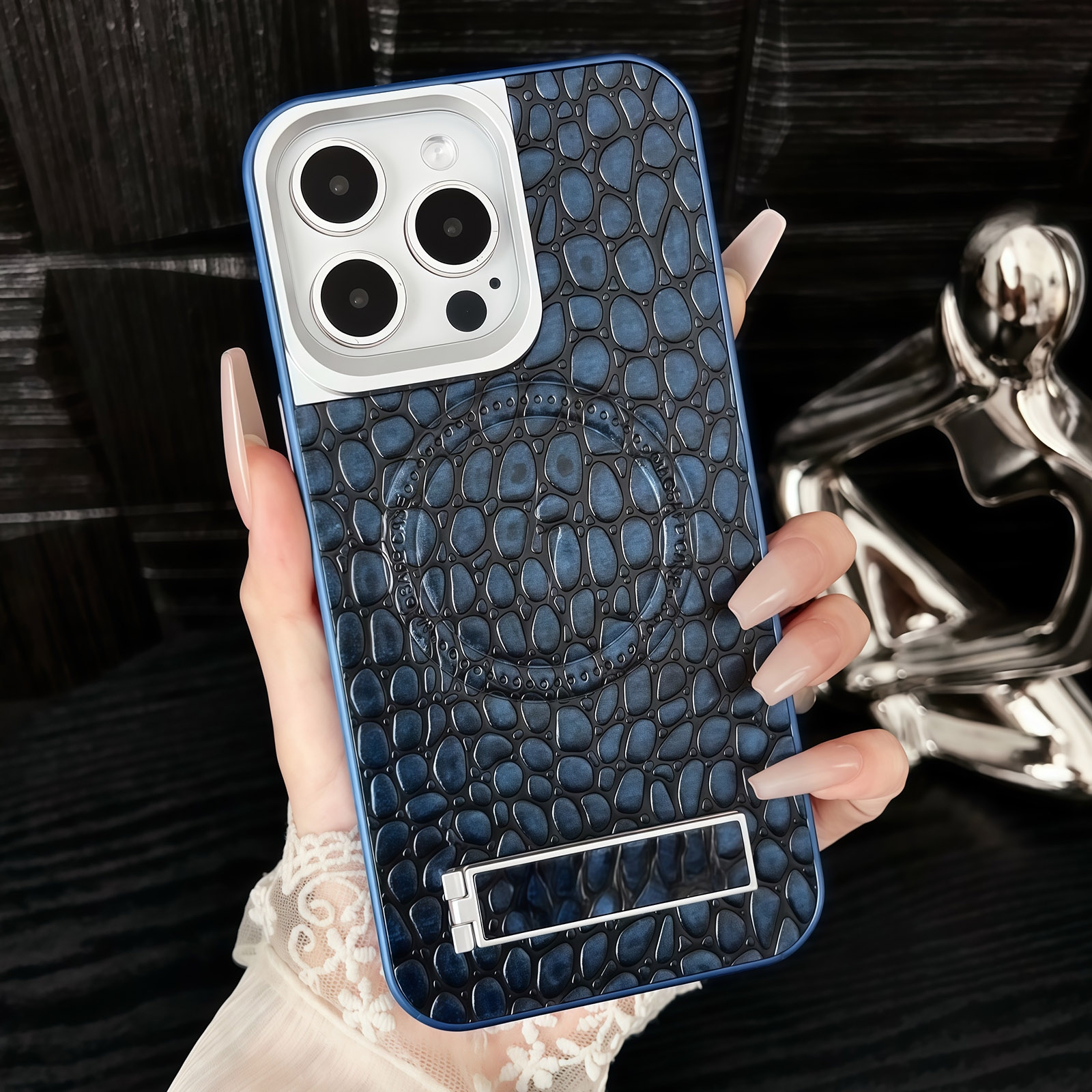 For iPhone 14 Pro Max Pebble Pattern PU MagSafe Phone Case with Holder(Blue) - Shopkiz.com