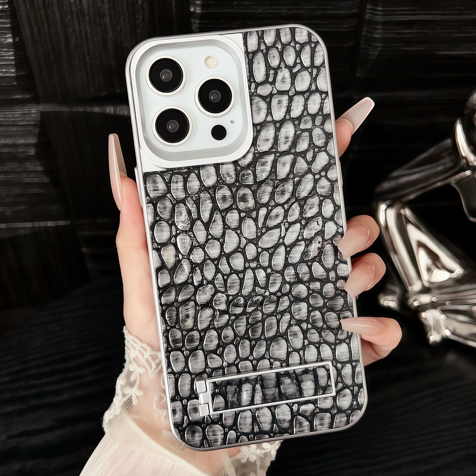 For iPhone 12 Pro Pebble Pattern PU MagSafe Phone Case with Holder(Grey) - Shopkiz.com