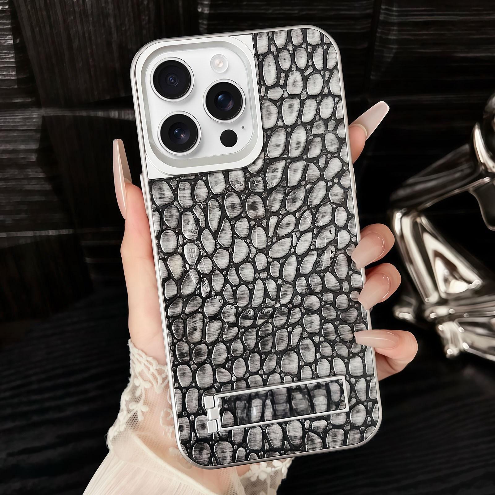 For iPhone 16 Pro Max Pebble Pattern PU MagSafe Phone Case with Holder(Grey) - Shopkiz.com
