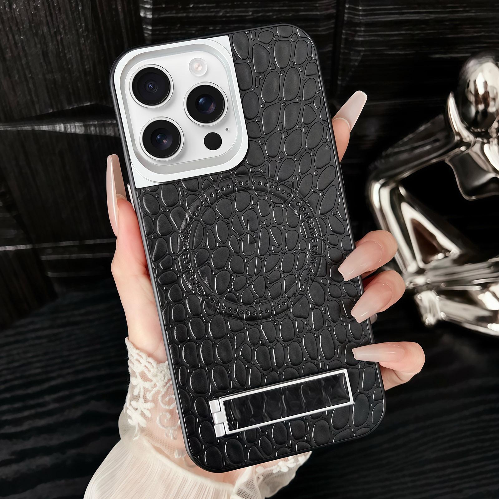 For iPhone 16 Pro Pebble Pattern PU MagSafe Phone Case with Holder(Black) - Shopkiz.com