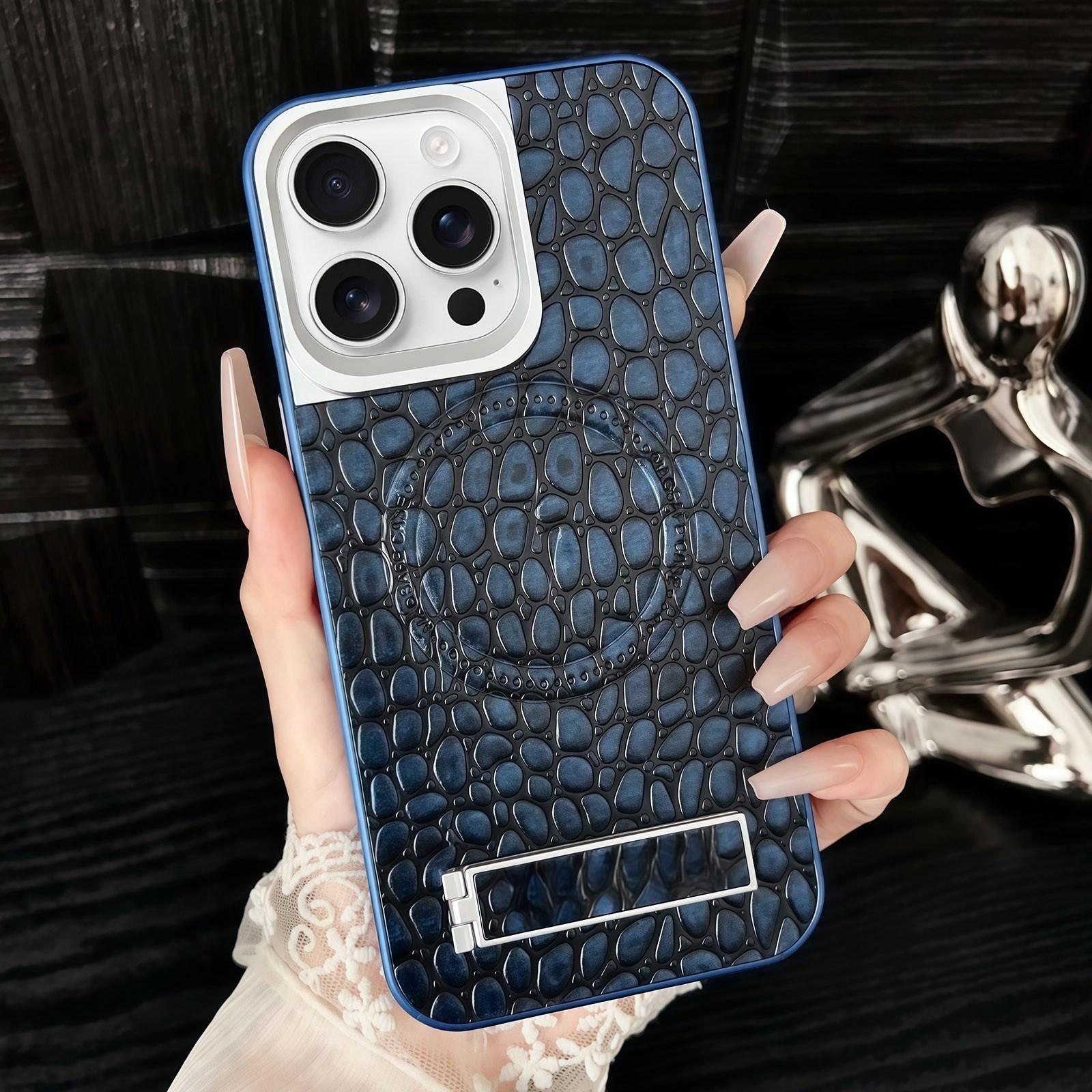 For iPhone 16 Pro Pebble Pattern PU MagSafe Phone Case with Holder(Blue) - Shopkiz.com