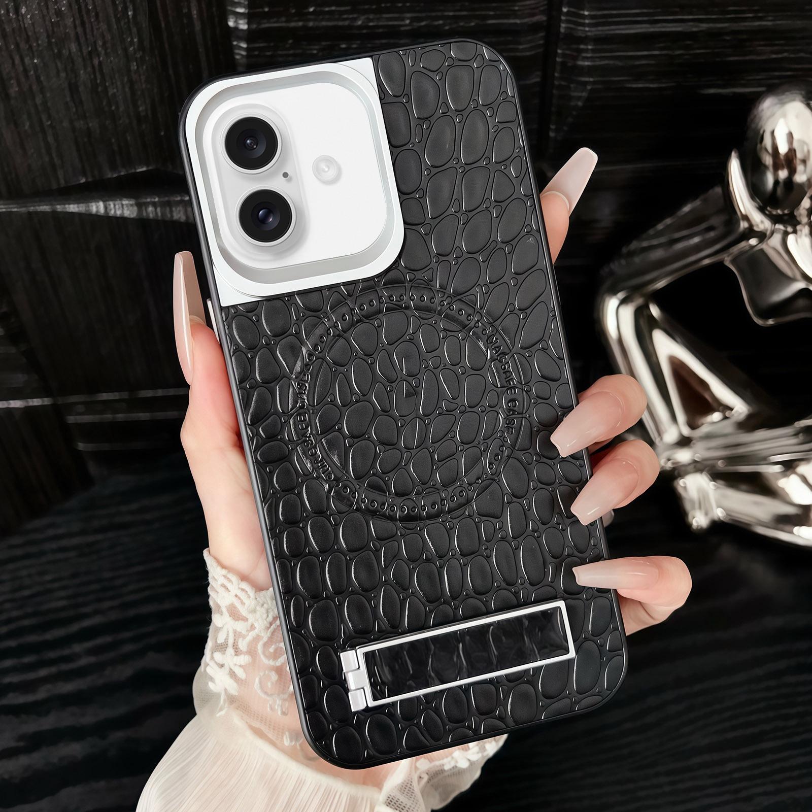 For iPhone 16 Pebble Pattern PU MagSafe Phone Case with Holder(Black) - Shopkiz.com