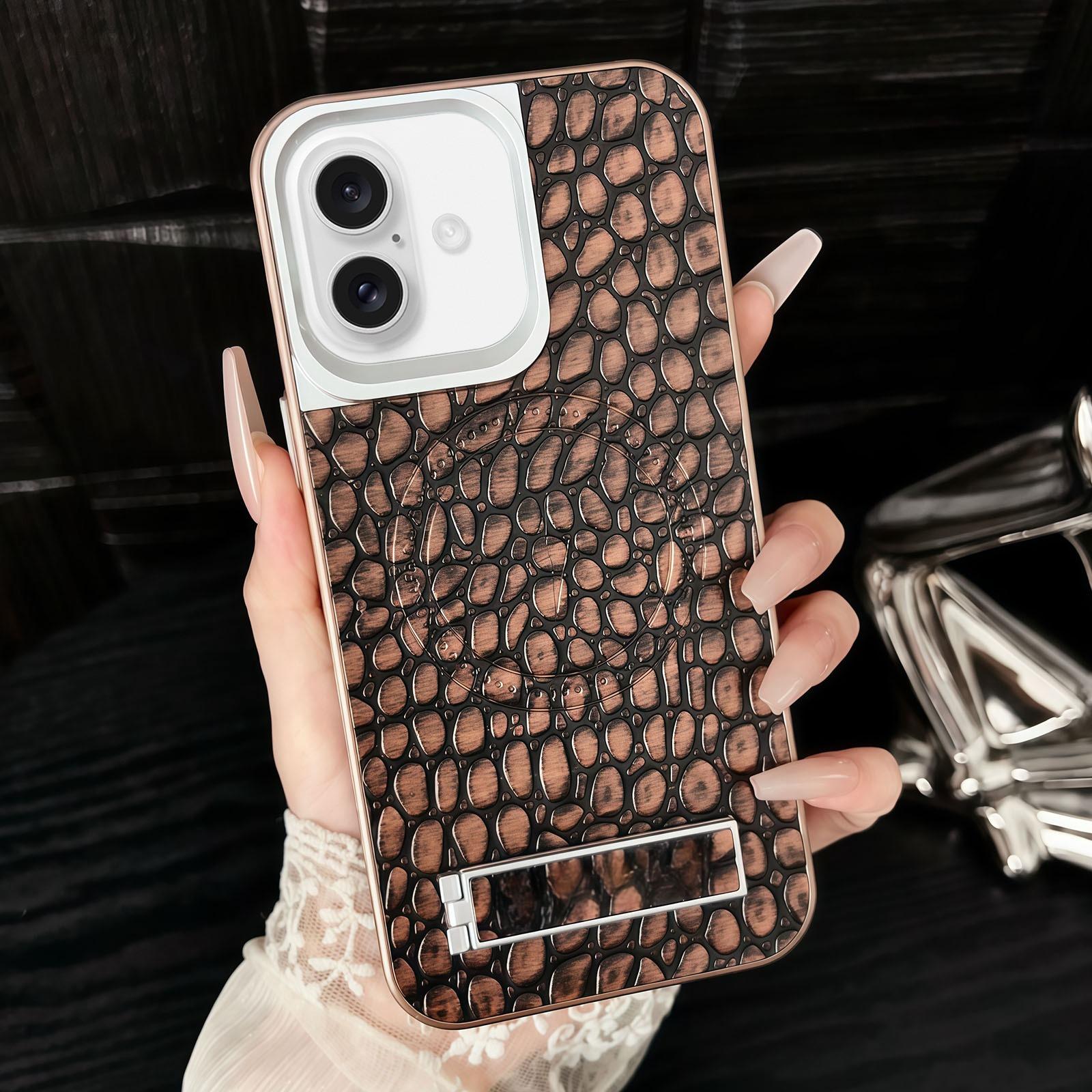 For iPhone 16 Plus Pebble Pattern PU MagSafe Phone Case with Holder(Gold) - Shopkiz.com