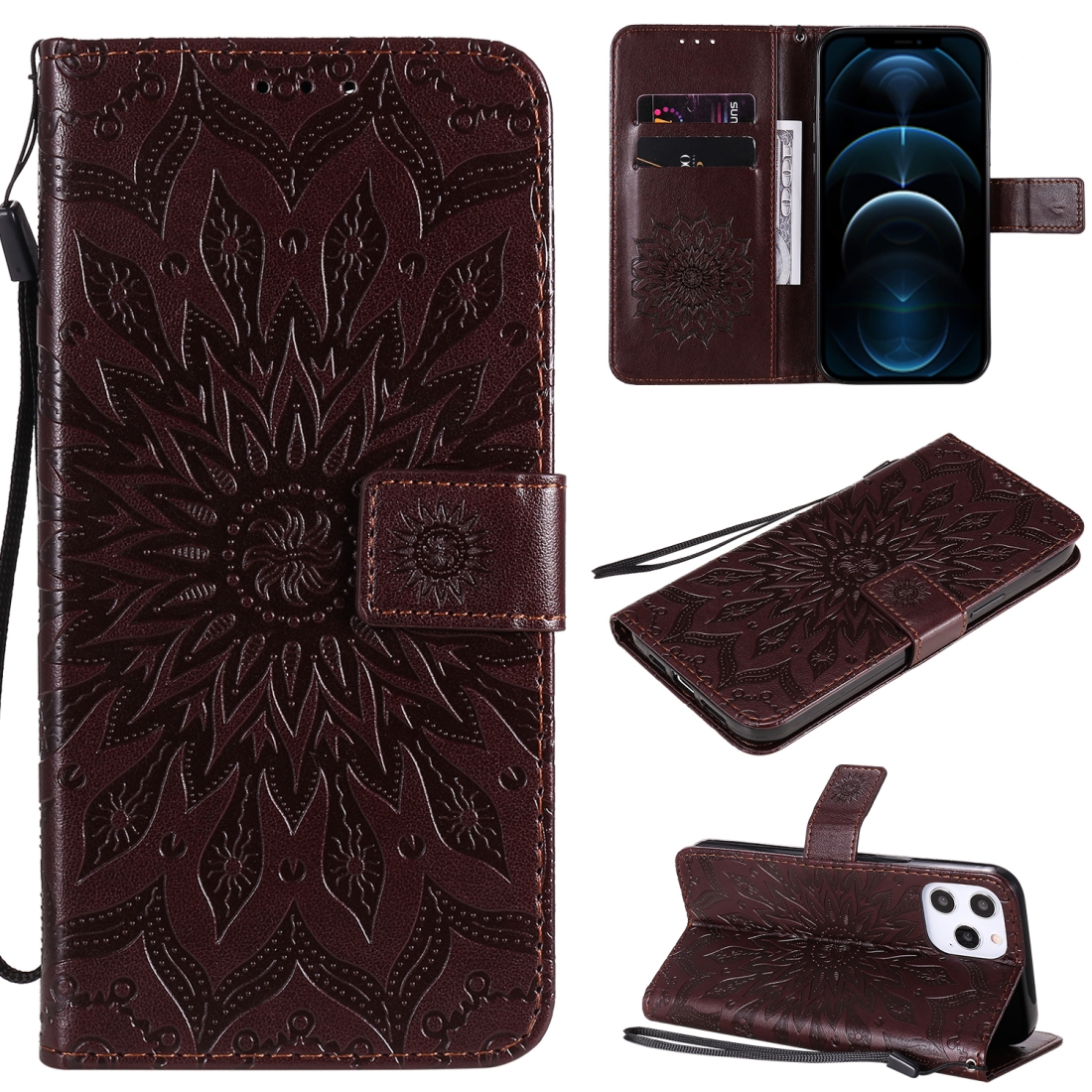 For iPhone 12 Pro Max Pressed Printing Sunflower Pattern Horizontal Flip PU Leather Case Holder & Card Slots & Wallet & Lanyard(Brown) - Shopkiz.com