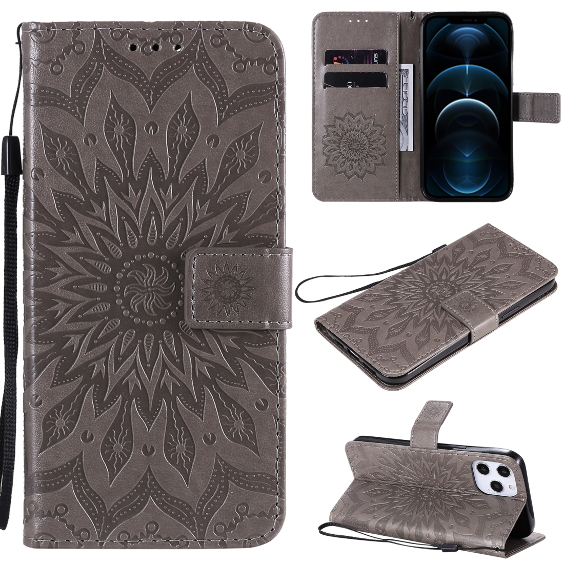 For iPhone 12 Pro Max Pressed Printing Sunflower Pattern Horizontal Flip PU Leather Case Holder & Card Slots & Wallet & Lanyard(Grey) - Shopkiz.com