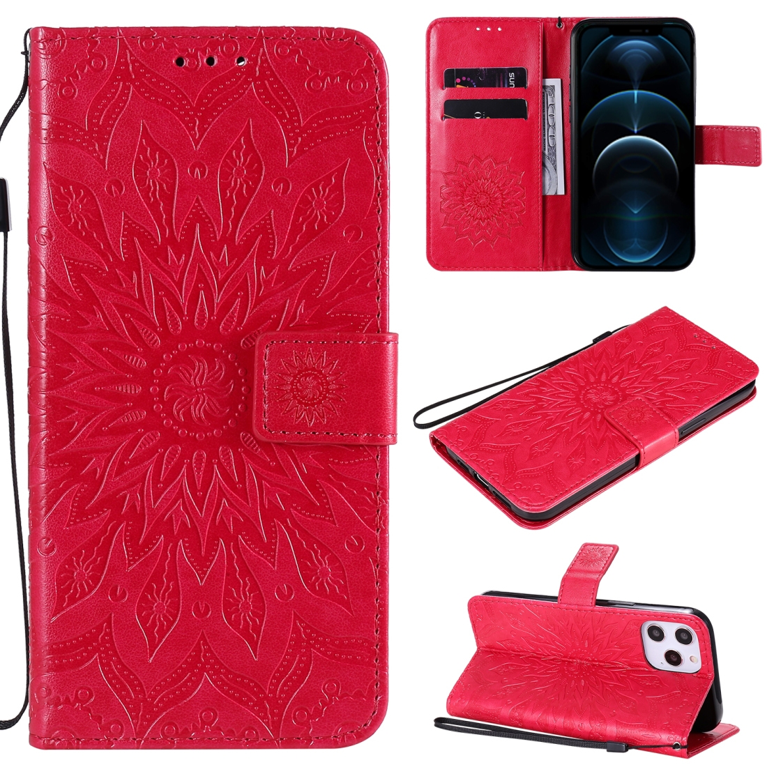 For iPhone 12 Pro Max Pressed Printing Sunflower Pattern Horizontal Flip PU Leather Case Holder & Card Slots & Wallet & Lanyard(Red) - Shopkiz.com