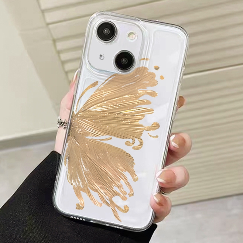 For iPhone 15 Plus Butterfly Pattern Transparent TPU Phone Case(Gold) - Shopkiz.com