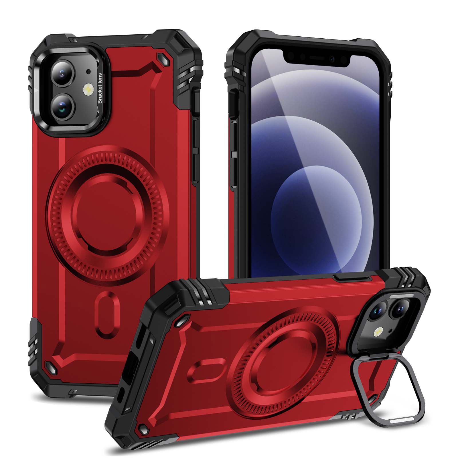 For iPhone 12 Lens Holder MagSafe Phone Case(Red) - Shopkiz.com