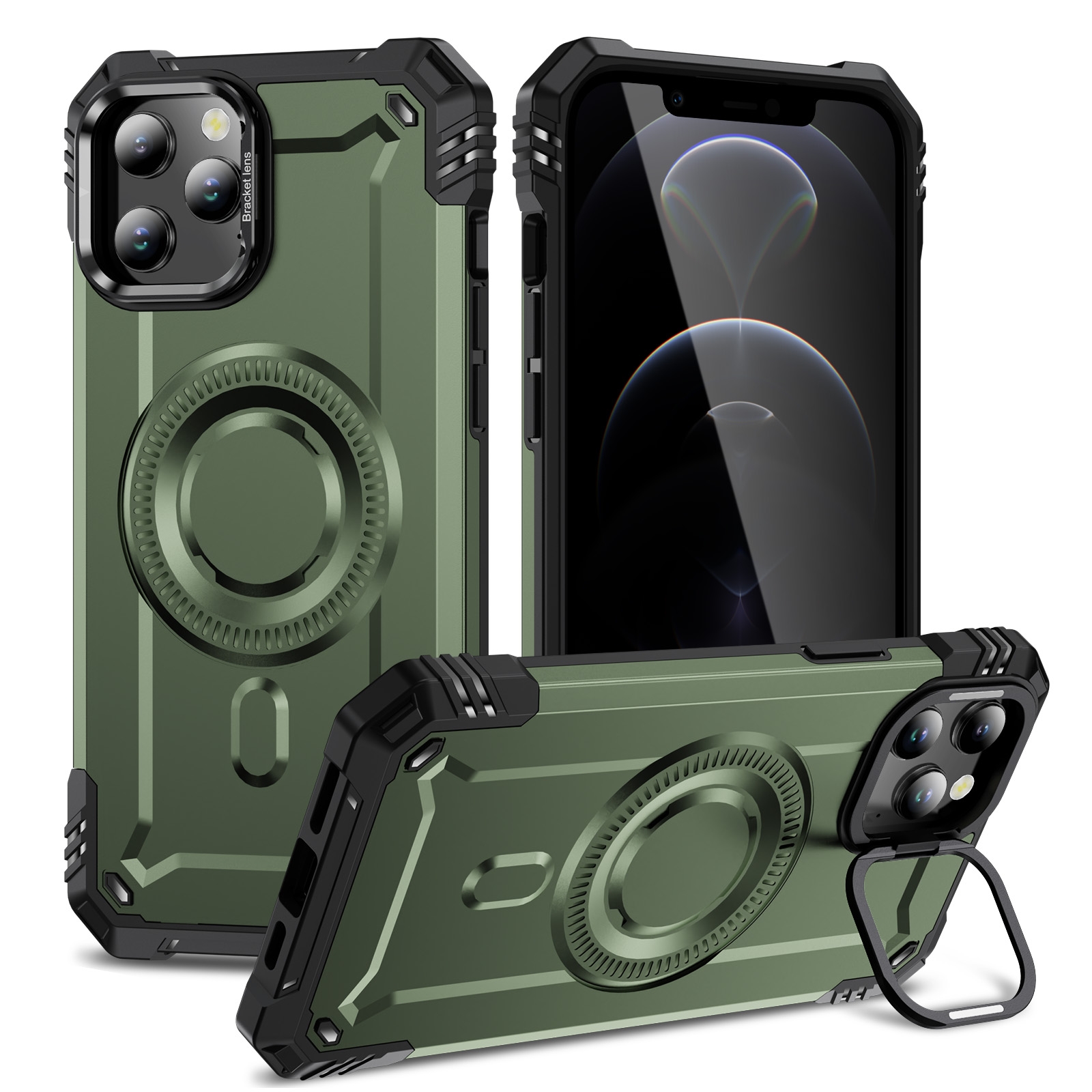 For iPhone 12 Pro Lens Holder MagSafe Phone Case(Army Green) - Shopkiz.com