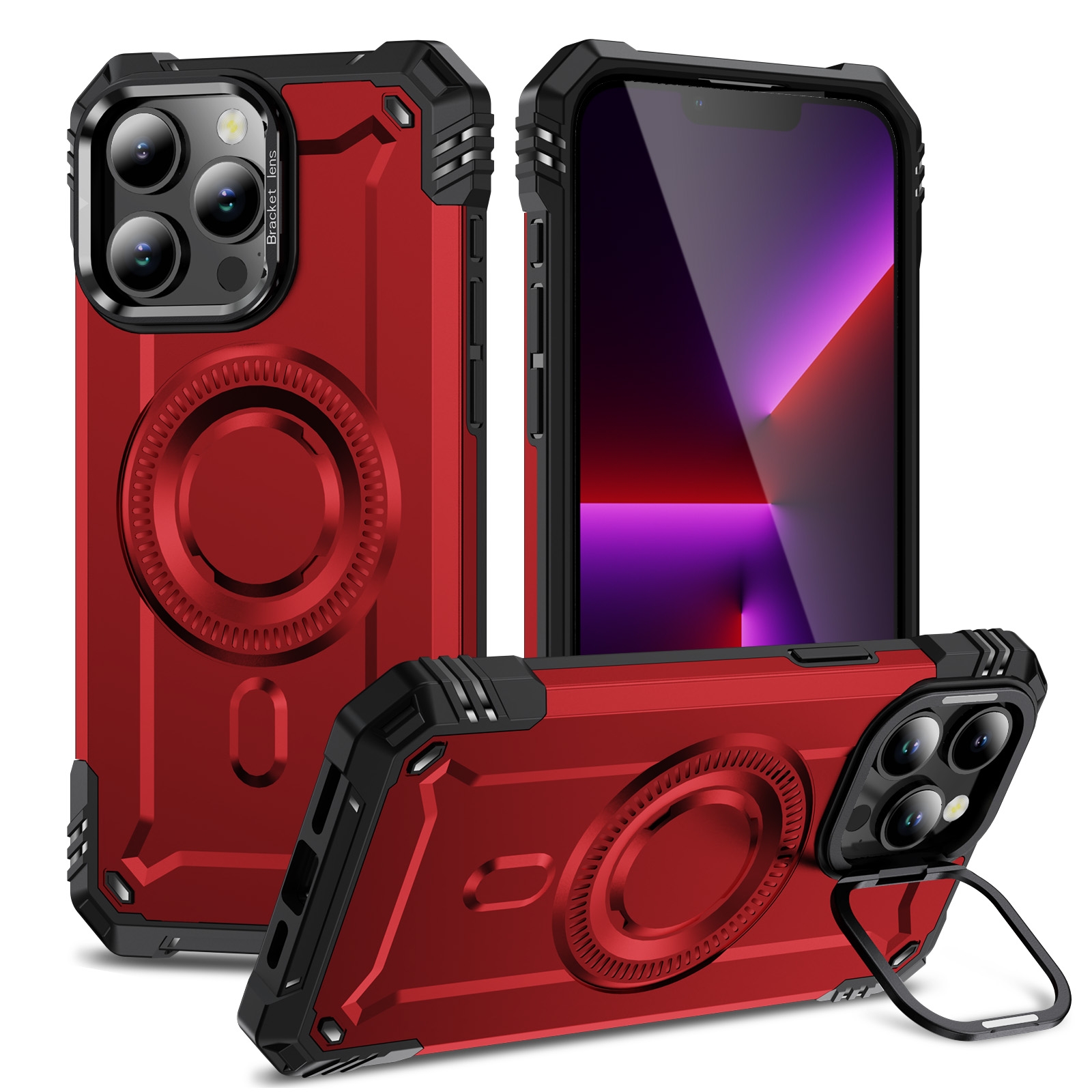 For iPhone 13 Pro Max Lens Holder MagSafe Phone Case(Red) - Shopkiz.com