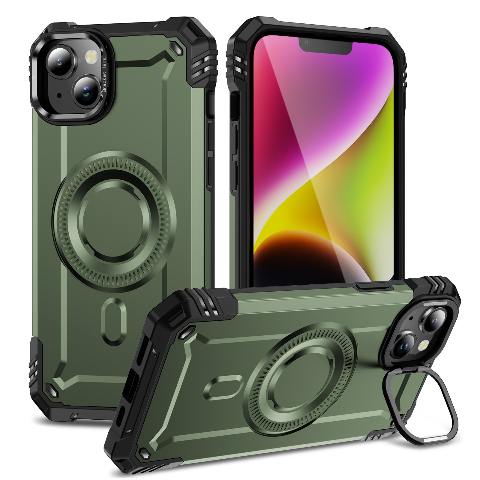 For iPhone 14 Plus Lens Holder MagSafe Phone Case(Army Green) - Shopkiz.com