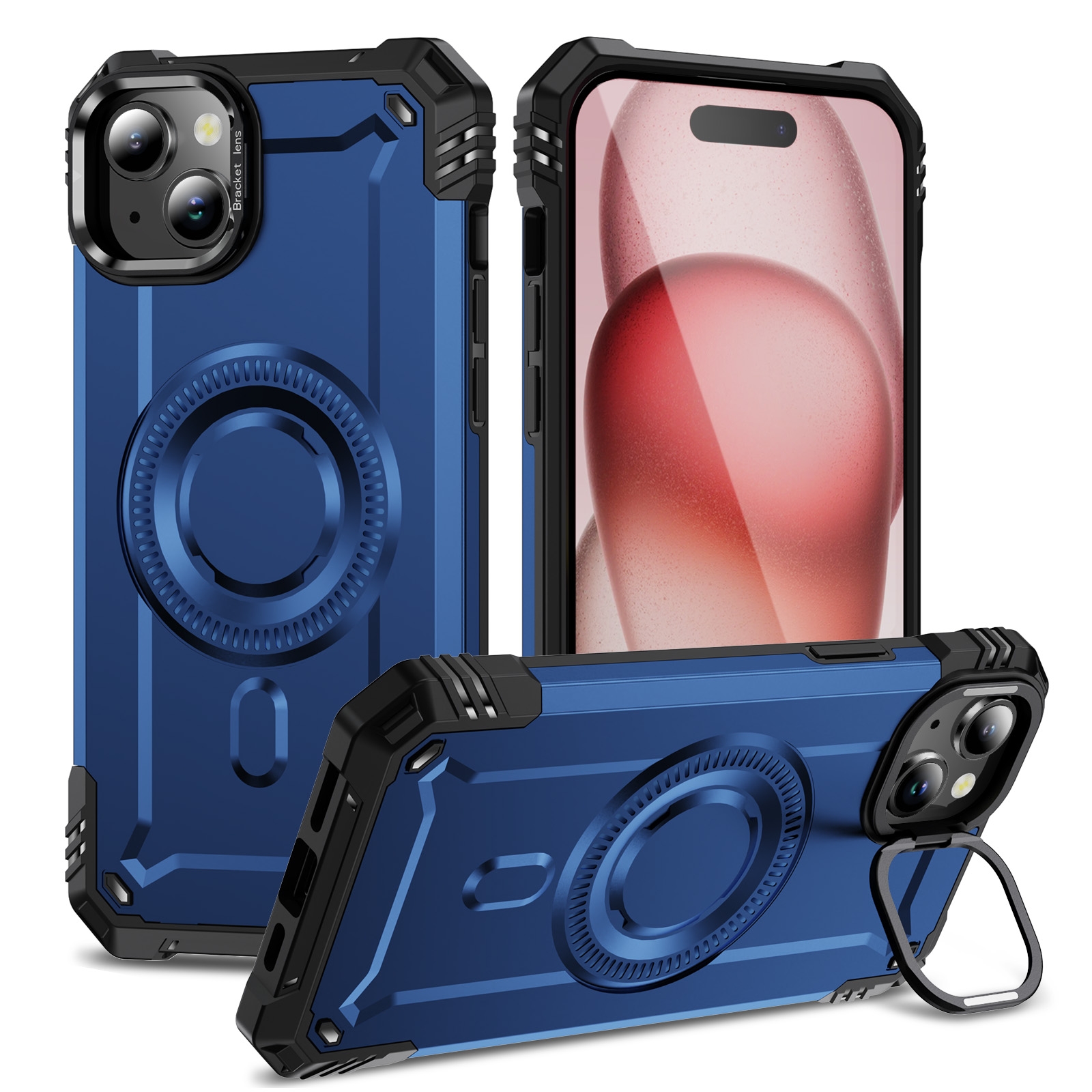For iPhone 15 Plus Lens Holder MagSafe Phone Case(Blue) - Shopkiz.com