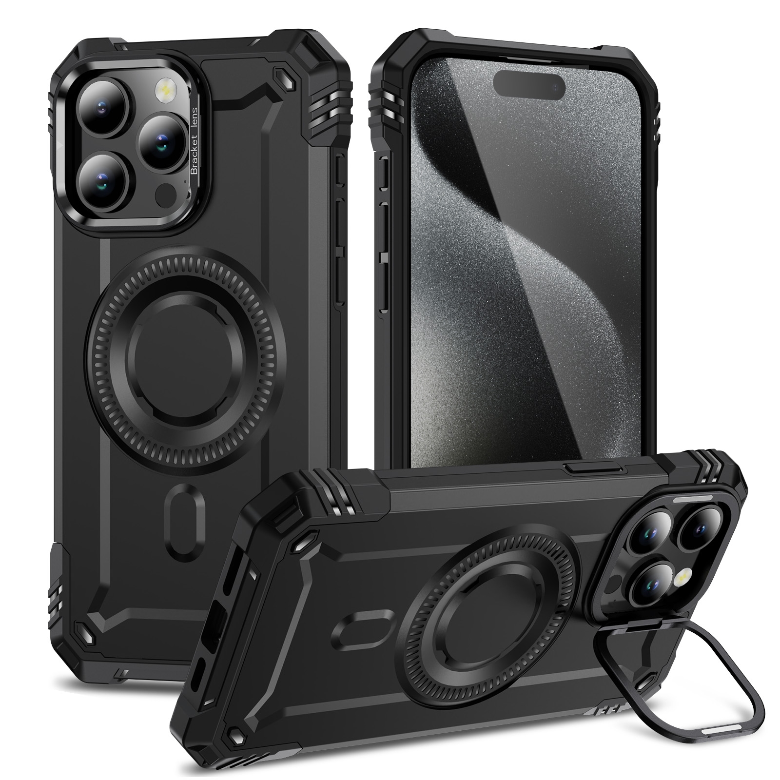 For iPhone 15 Pro Lens Holder MagSafe Phone Case(Black) - Shopkiz.com