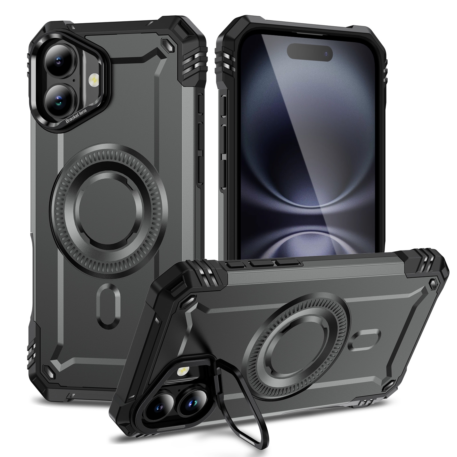 For iPhone 16 Plus Lens Holder MagSafe Phone Case(Grey) - Shopkiz.com