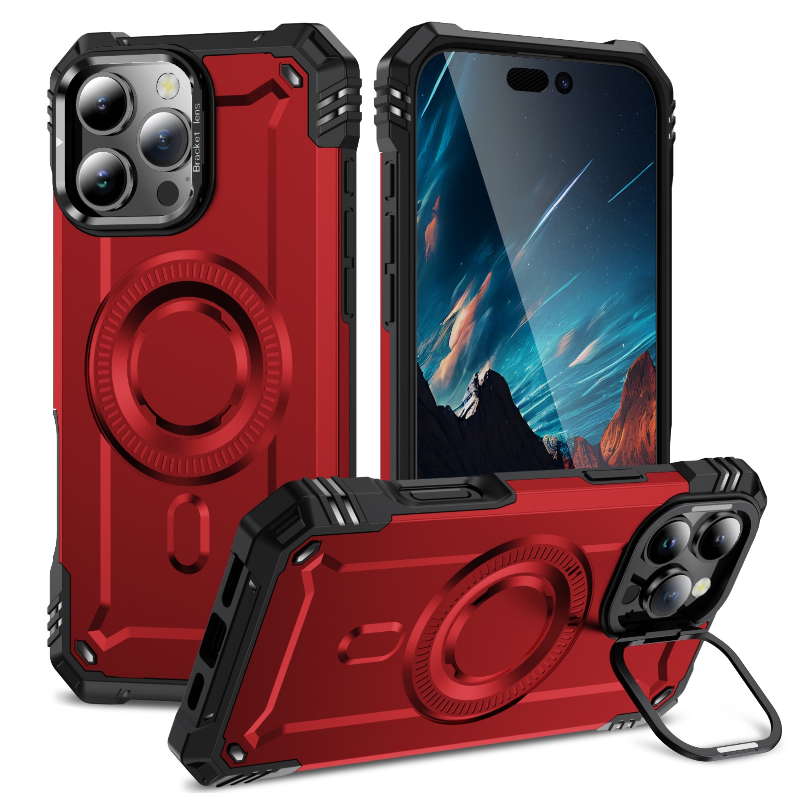 For iPhone 16 Pro Lens Holder MagSafe Phone Case(Red) - Shopkiz.com