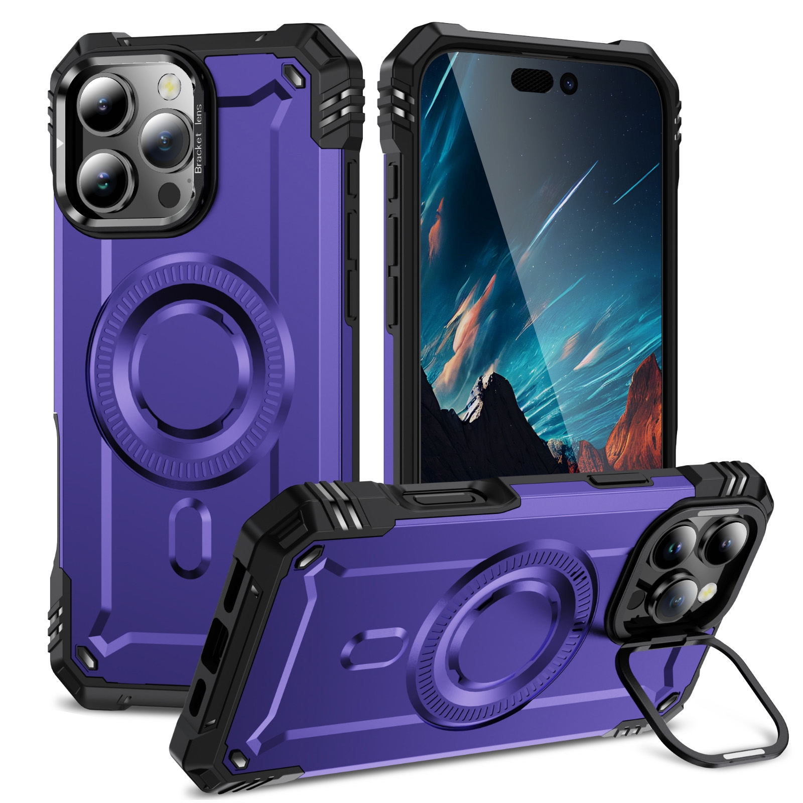 For iPhone 16 Pro Max Lens Holder MagSafe Phone Case(Purple) - Shopkiz.com