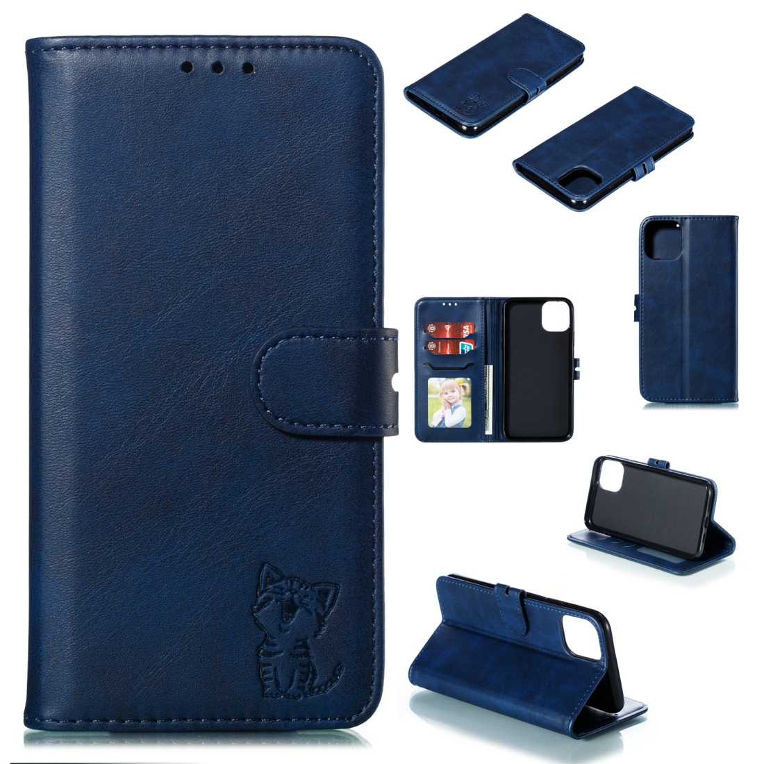 For iPhone 12 Pro Max Embossed Happy Cat Pattern Horizontal Flip Leather Case with Holder & Card Slots & Wallet & Photo Frame(Blue) - Shopkiz.com