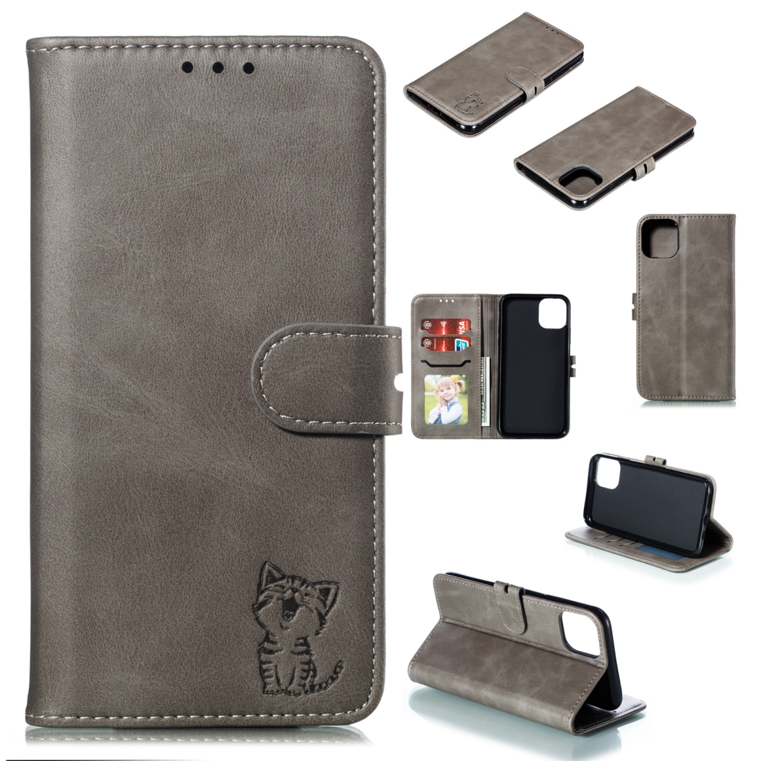 For iPhone 12 Pro Max Embossed Happy Cat Pattern Horizontal Flip Leather Case with Holder & Card Slots & Wallet & Photo Frame(Grey) - Shopkiz.com