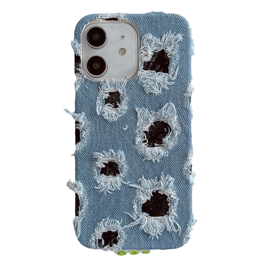 For iPhone 12 Creative Multi-hole Black Lace Denim PU Phone Case - Shopkiz.com