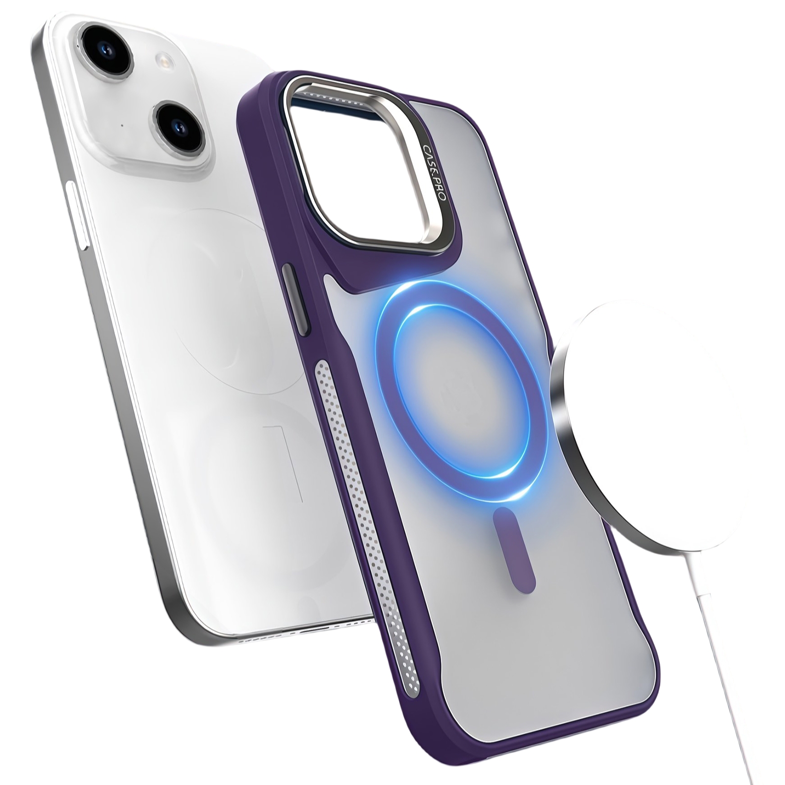 For iPhone 15 Metal Bracket MagSafe Magnetic Phone Case(Purple) - Shopkiz.com