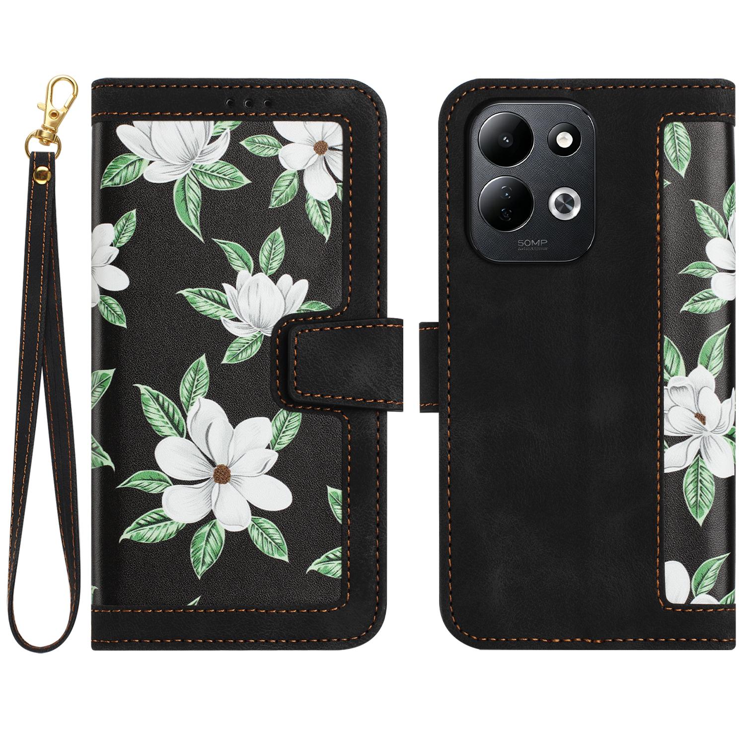 For Redmi 17 5G / 4G Global 170mm Floral Pattern Leather Phone Case with Lanyard(Black) - Shopkiz.com