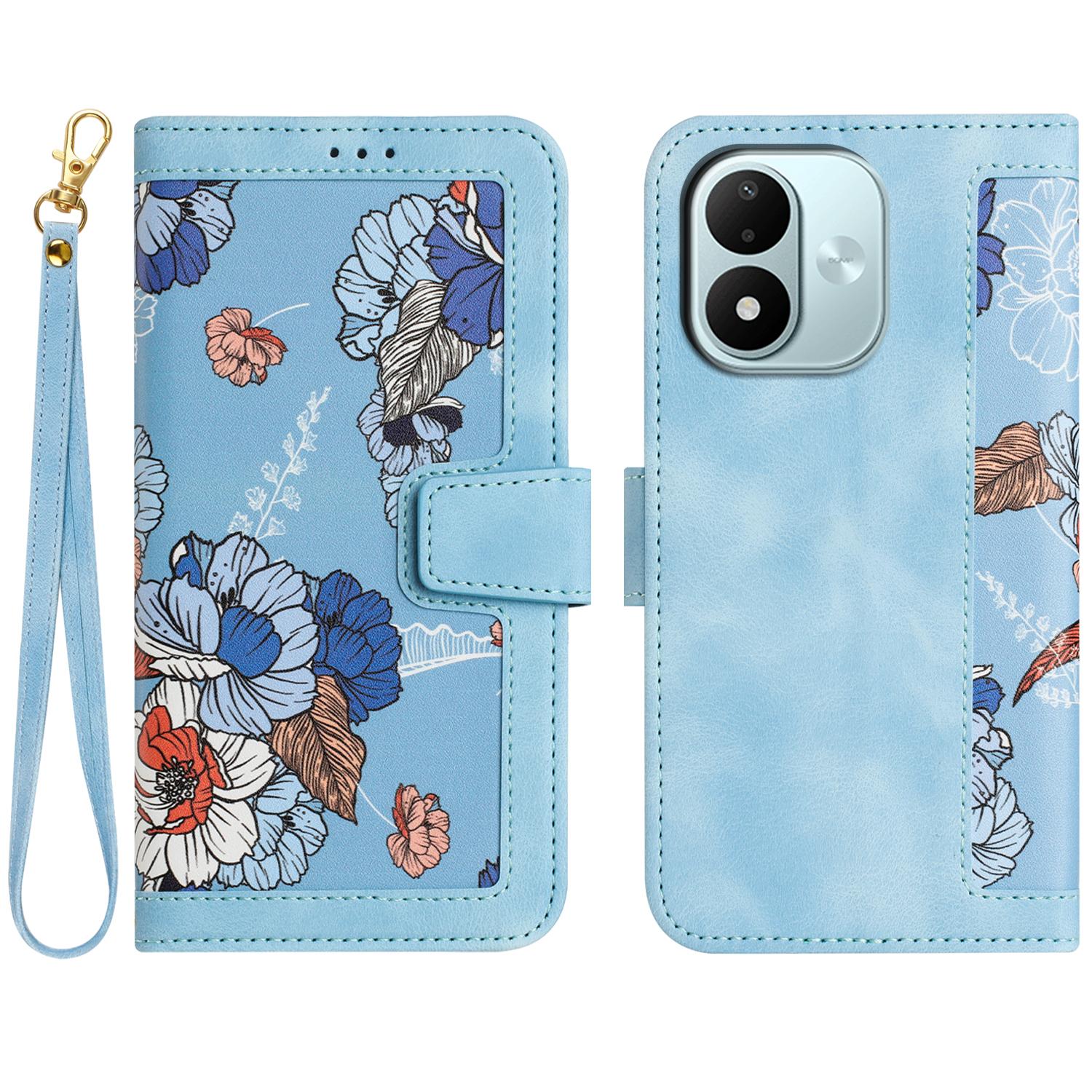 For Redmi Note 17 4G Global 171mm Floral Pattern Leather Phone Case with Lanyard(Light Blue) - Shopkiz.com