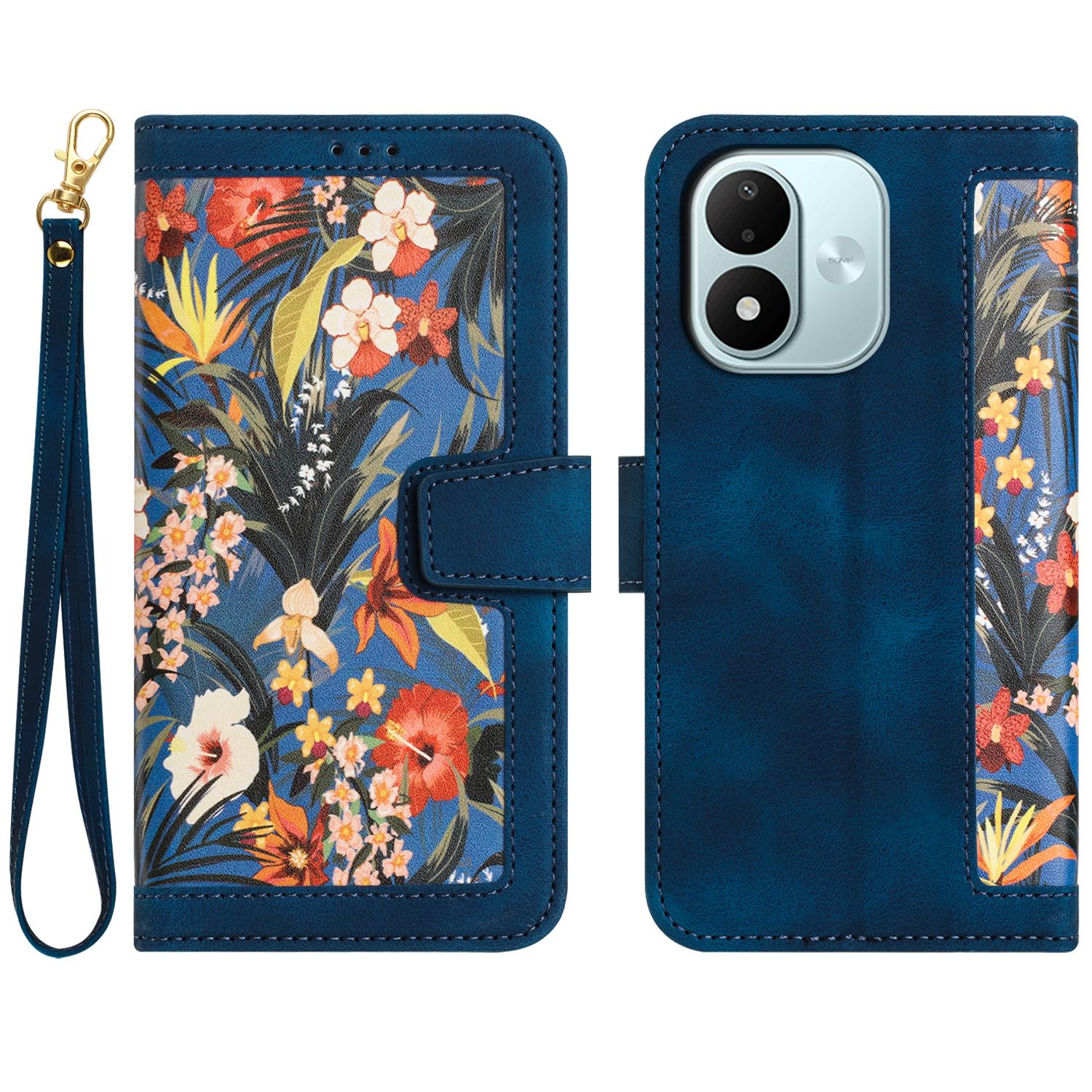 For Redmi Note 17 4G Global 171mm Floral Pattern Leather Phone Case with Lanyard(Dark Blue) - Shopkiz.com