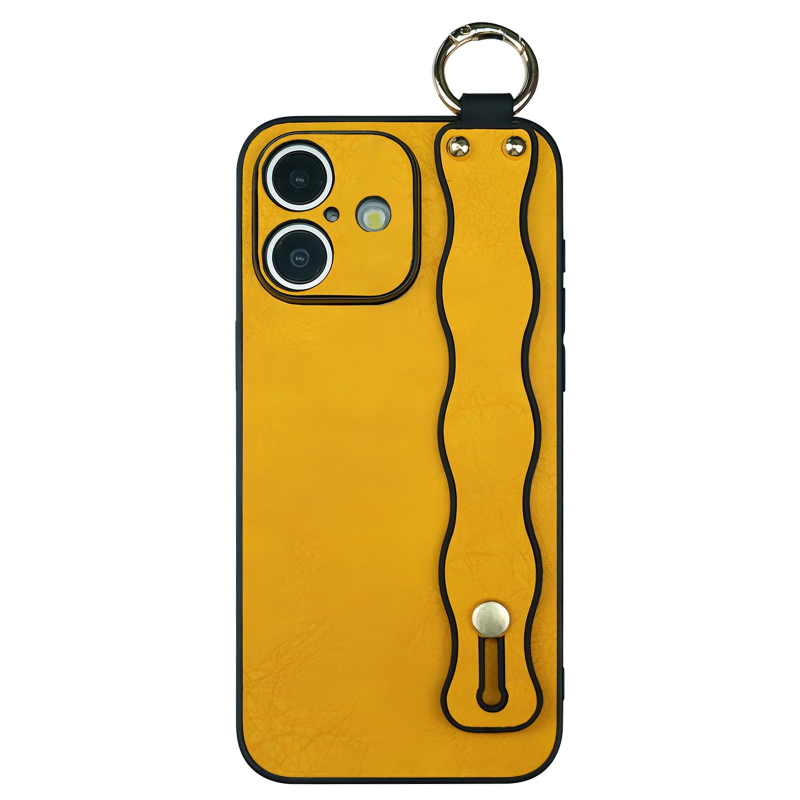 For iPhone 16 Plus Wavy Wristband Bracket TPU Phone Case(Yellow) - Shopkiz.com